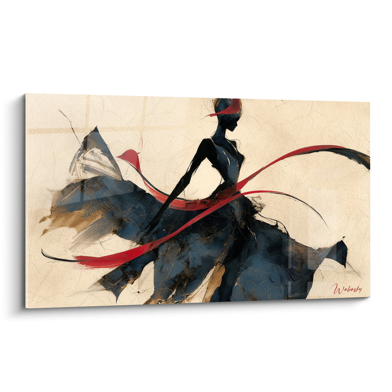 Tableau Silhouette féminine en robe bleu marine et rouge - Tourbillon souverain - Edition Illustration de mode