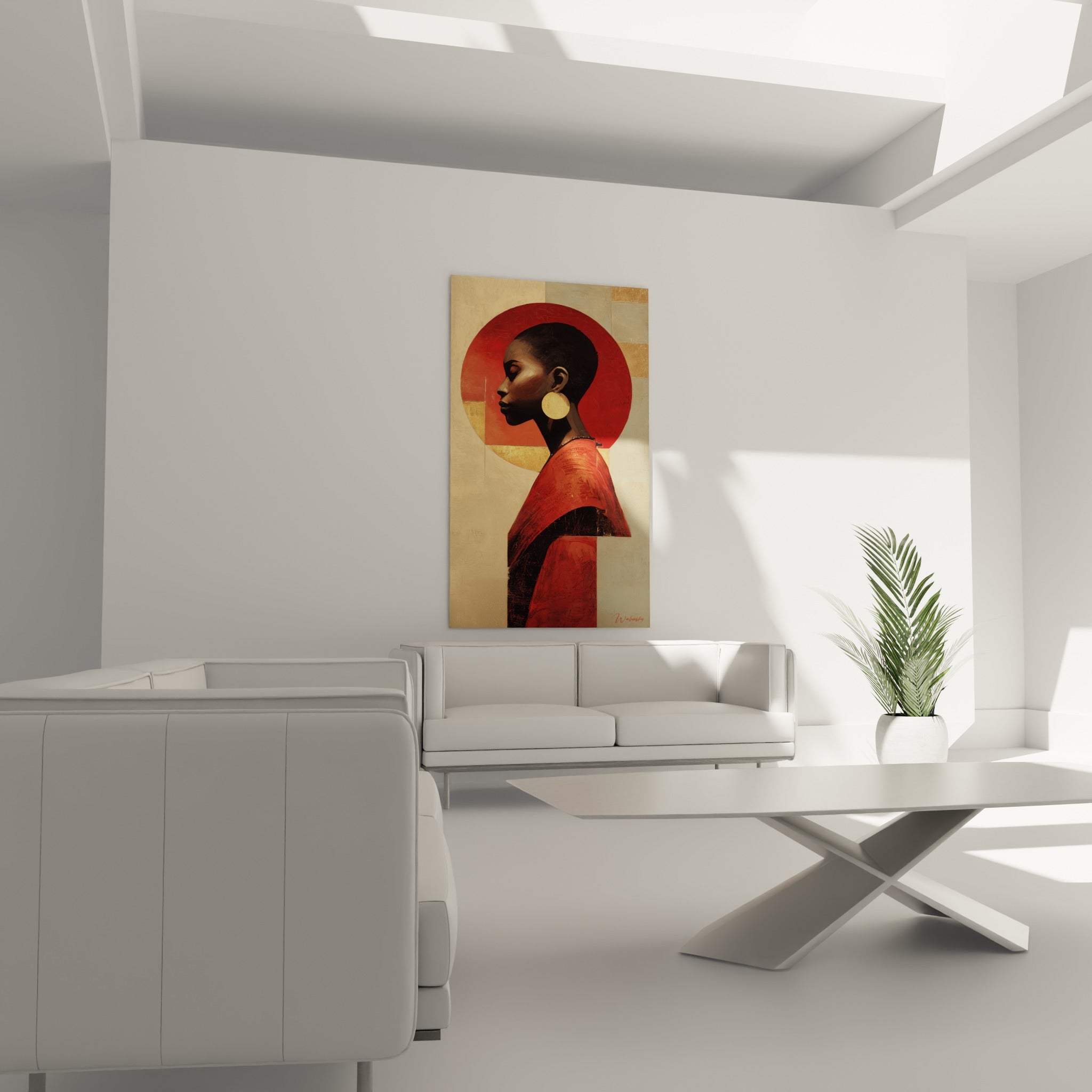 Silhouette au profil épuré, tons ocre et terracotta, boucle dorée, au-dessus d'un canapé dans un salon lumineux