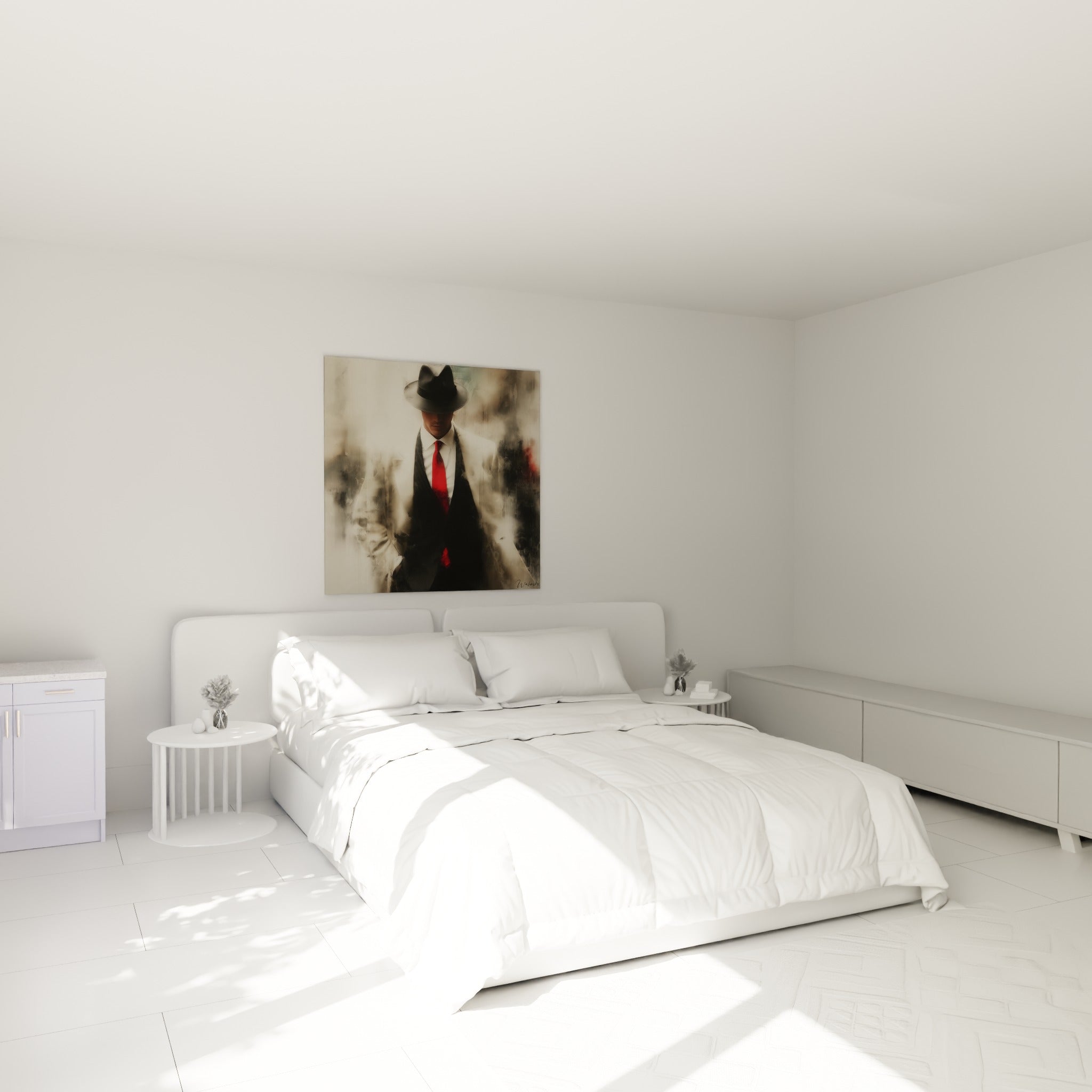 Silhouette masculine en noir et rouge accrochée au-dessus d'un lit dans une chambre claire