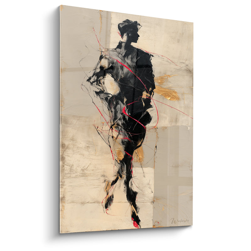 Tableau Silhouette noire et beige aux rubans écarlates - Fil doré vibrant - Edition Illustration de mode
