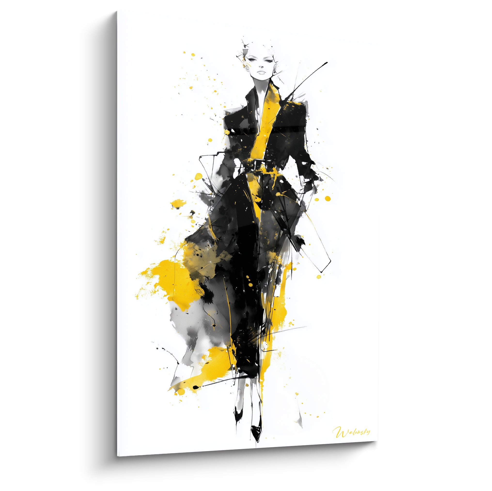 Illustration de mode d'une silhouette en manteau noir traversé d'éclats jaunes sur fond blanc pur