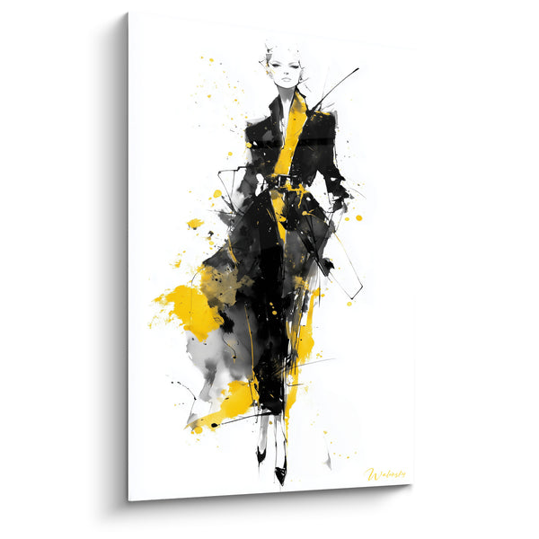 Elegant Silhouette Artwork with Black and Yellow Splashes - Momentum on Pedestal - Fashion Illustration Edition