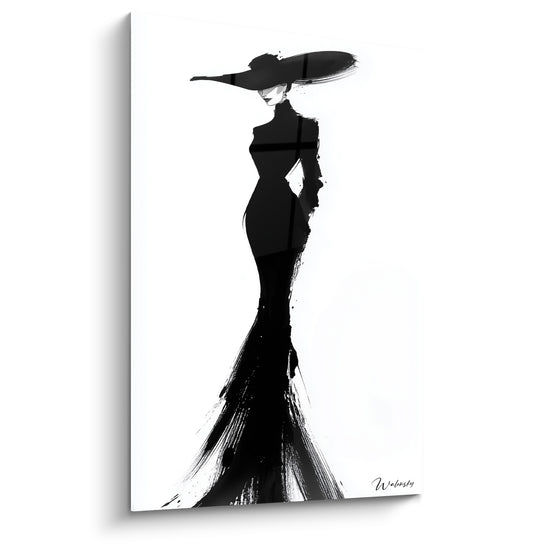 Silhouette féminine en robe noire fluide et large chapeau, encre sur fond blanc