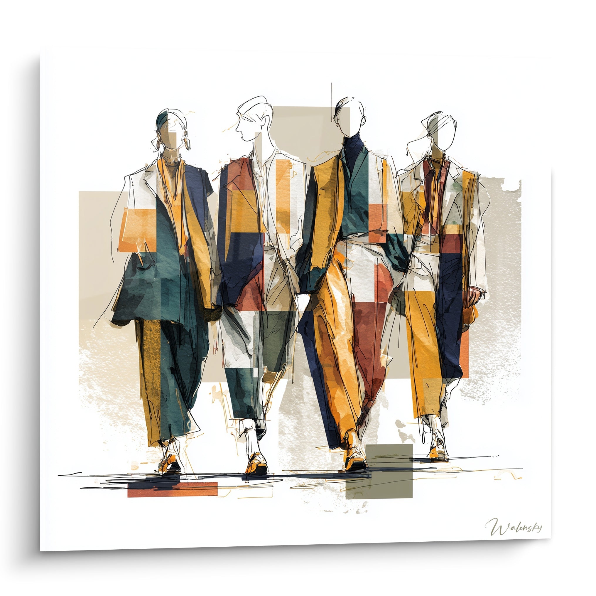 Illustration de mode montrant quatre silhouettes esquissées en marche, tons ocre, bleu marine et terracotta