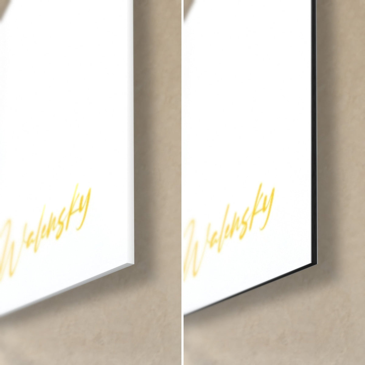 Wall art elegant woman in black and yellow, bottom right corner: glossy acrylic glass on the left, matte black Dibond on the right, 3 mm edge