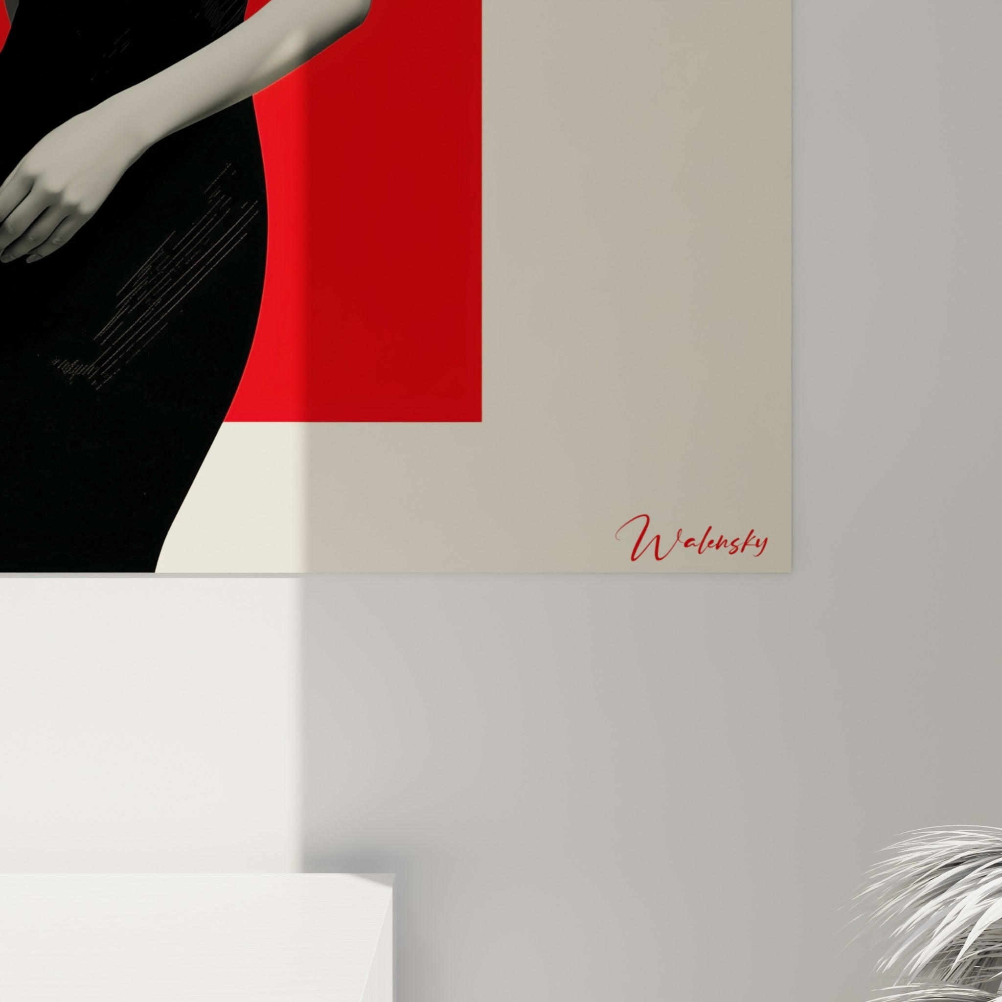 Détail des hachures fines noires et des aplats rouge écarlate texturés révélant le grain de l'impression sur toile