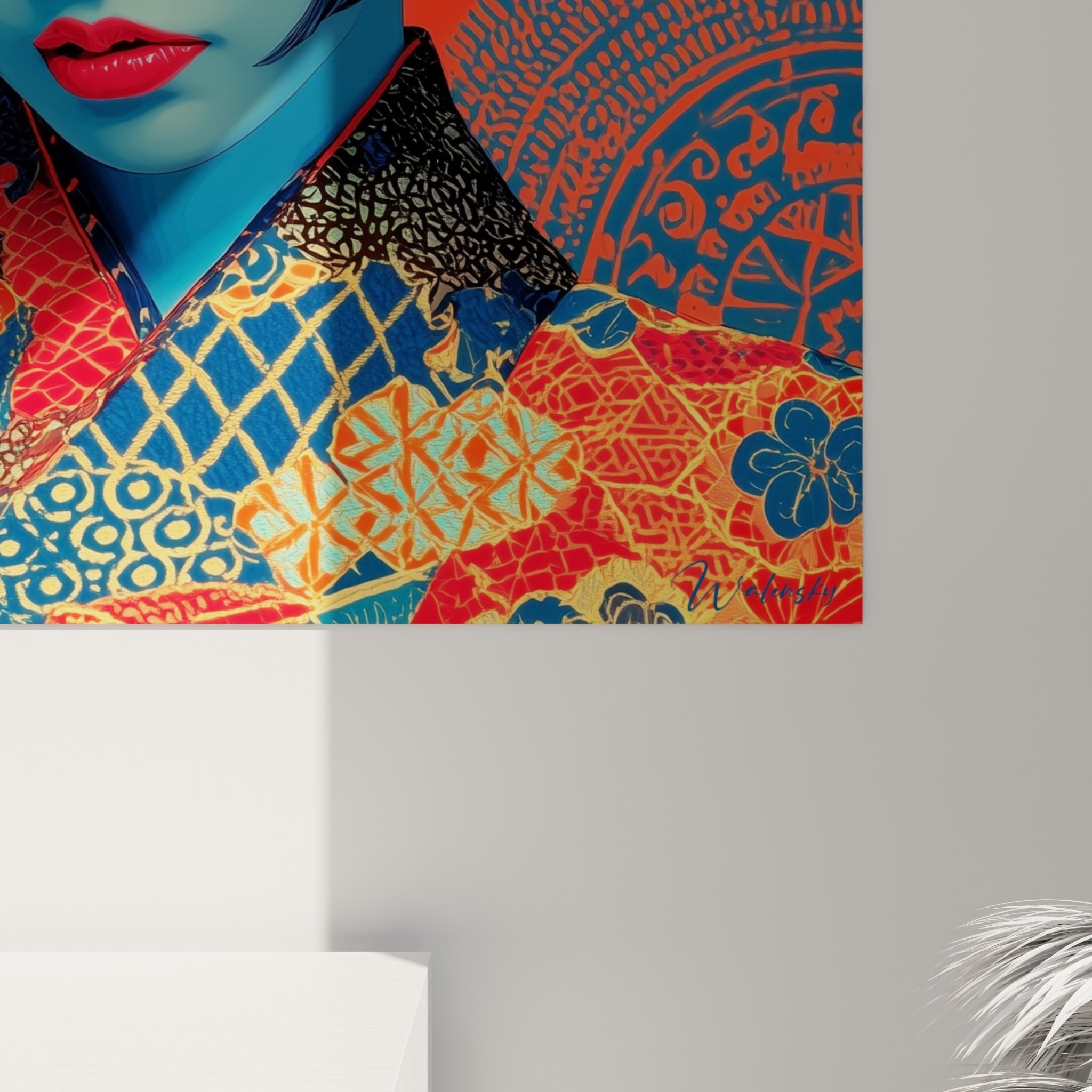 Empâtements colorés du kimono où l'orange doré et le bleu profond se fondent en motifs graphiques serrés