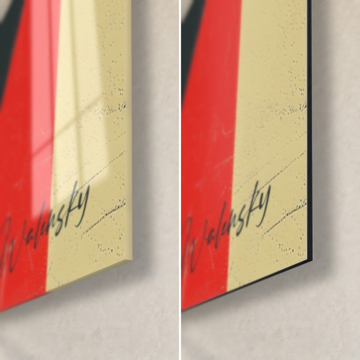 Gemälde stilisiertes Frauengesicht, leuchtend rote und verkratzte sandfarbene Streifen, untere rechte Ecke: glänzendes Acrylglas links, matte Dibond-Alu rechts