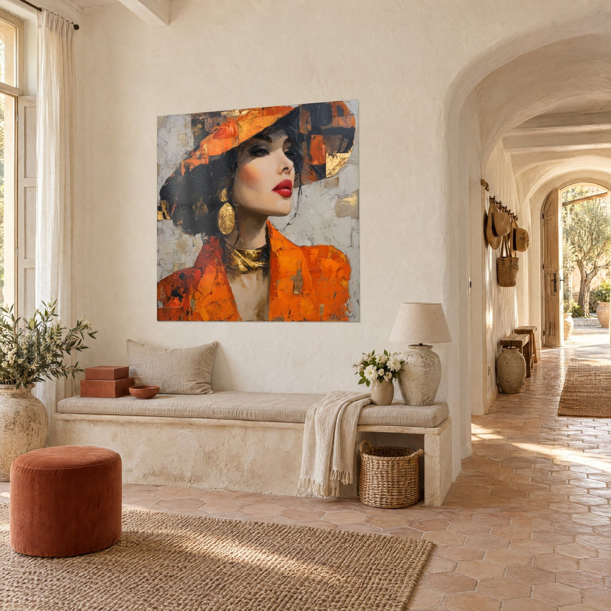 Cuadro elegante con sombrero naranja de reflejos dorados, chaqueta mandarina y fondo gris claro, en un pasillo abovedado de piedra