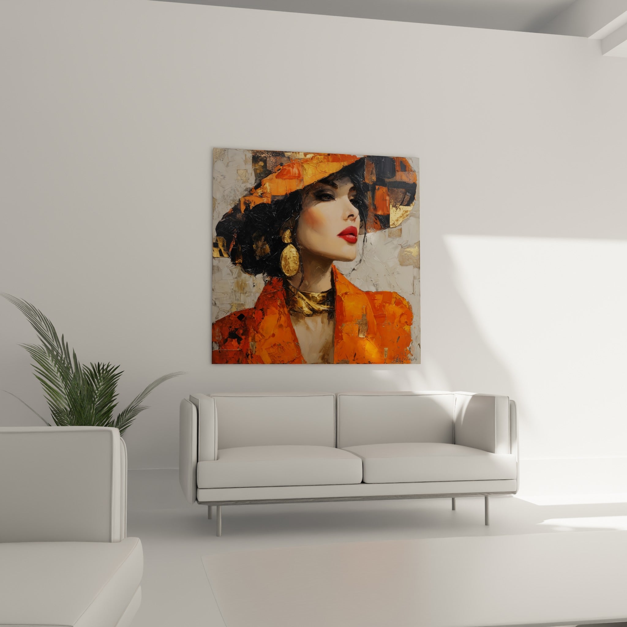 Silhouette au chapeau orange brûlé et bijoux dorés au-dessus d'un canapé dans un salon lumineux