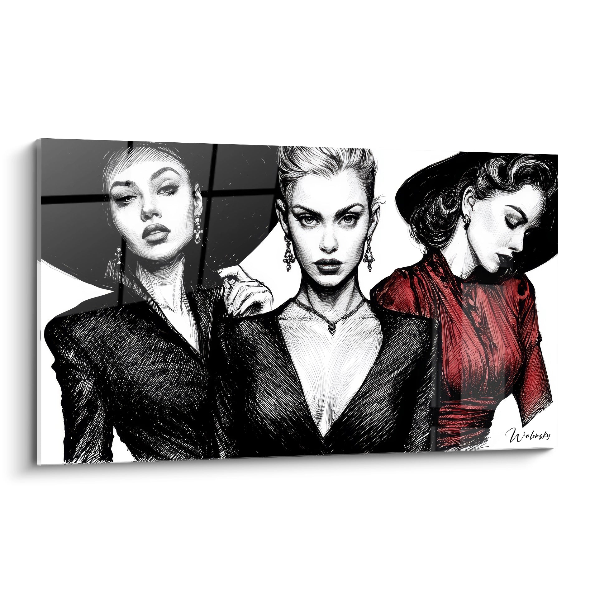 Tableau illustration de mode vintage représentant des femmes élégantes en noir et blanc avec des accessoires chics