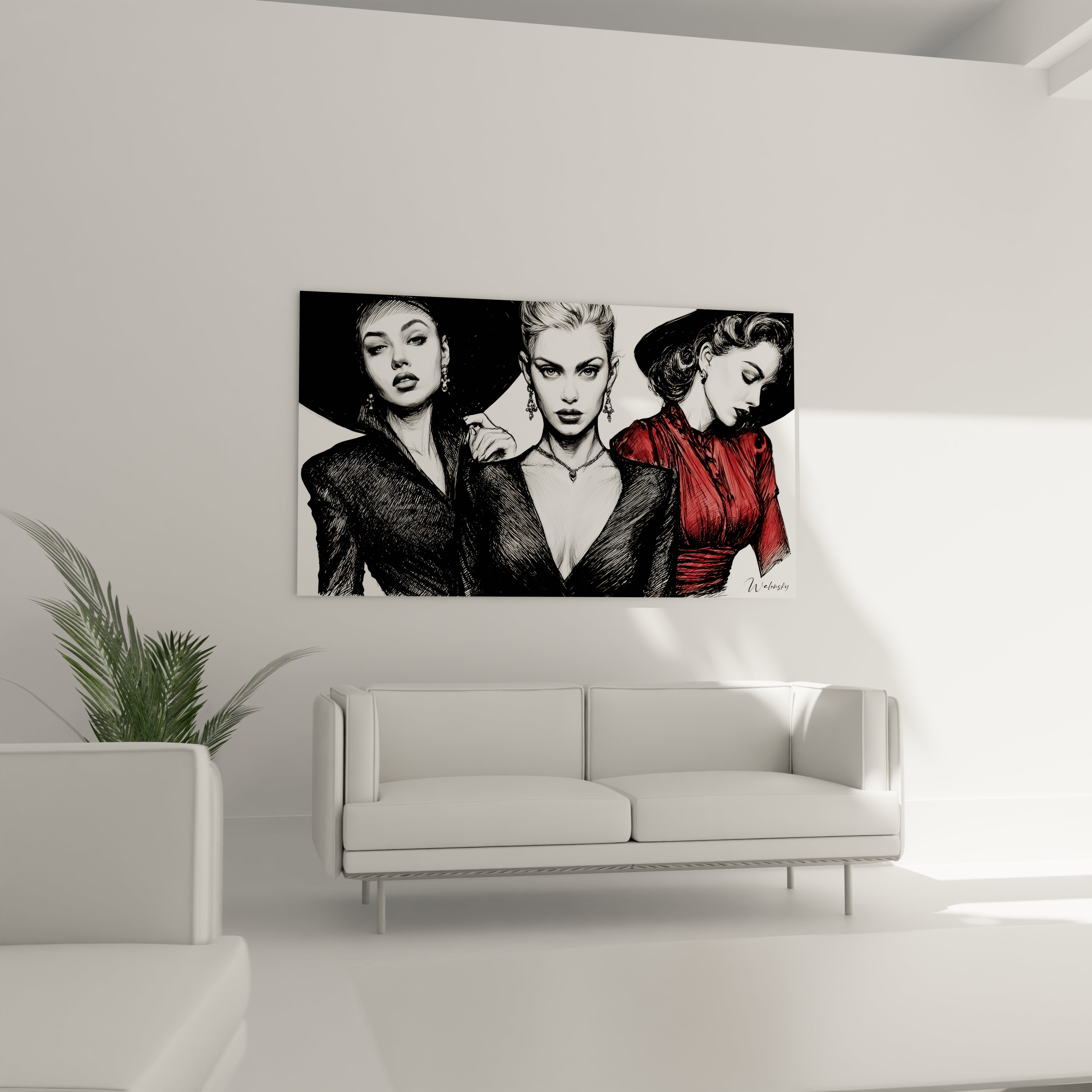 Tableau illustration de mode vintage représentant trois femmes élégantes en noir et blanc dans un décor moderne
