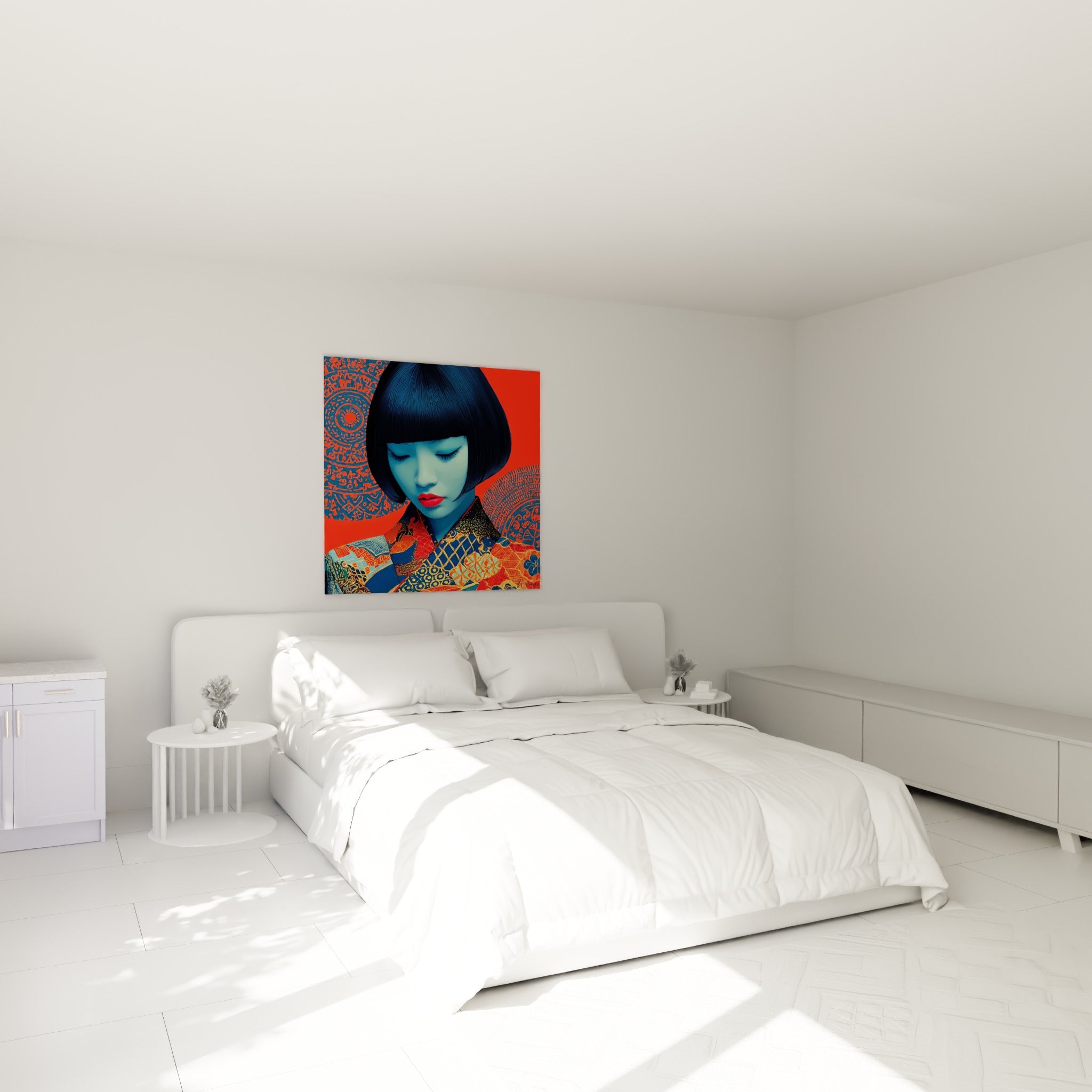 Femme au regard clos sous un kimono rouge et bleu marine, accrochée au-dessus d'un lit dans une chambre claire