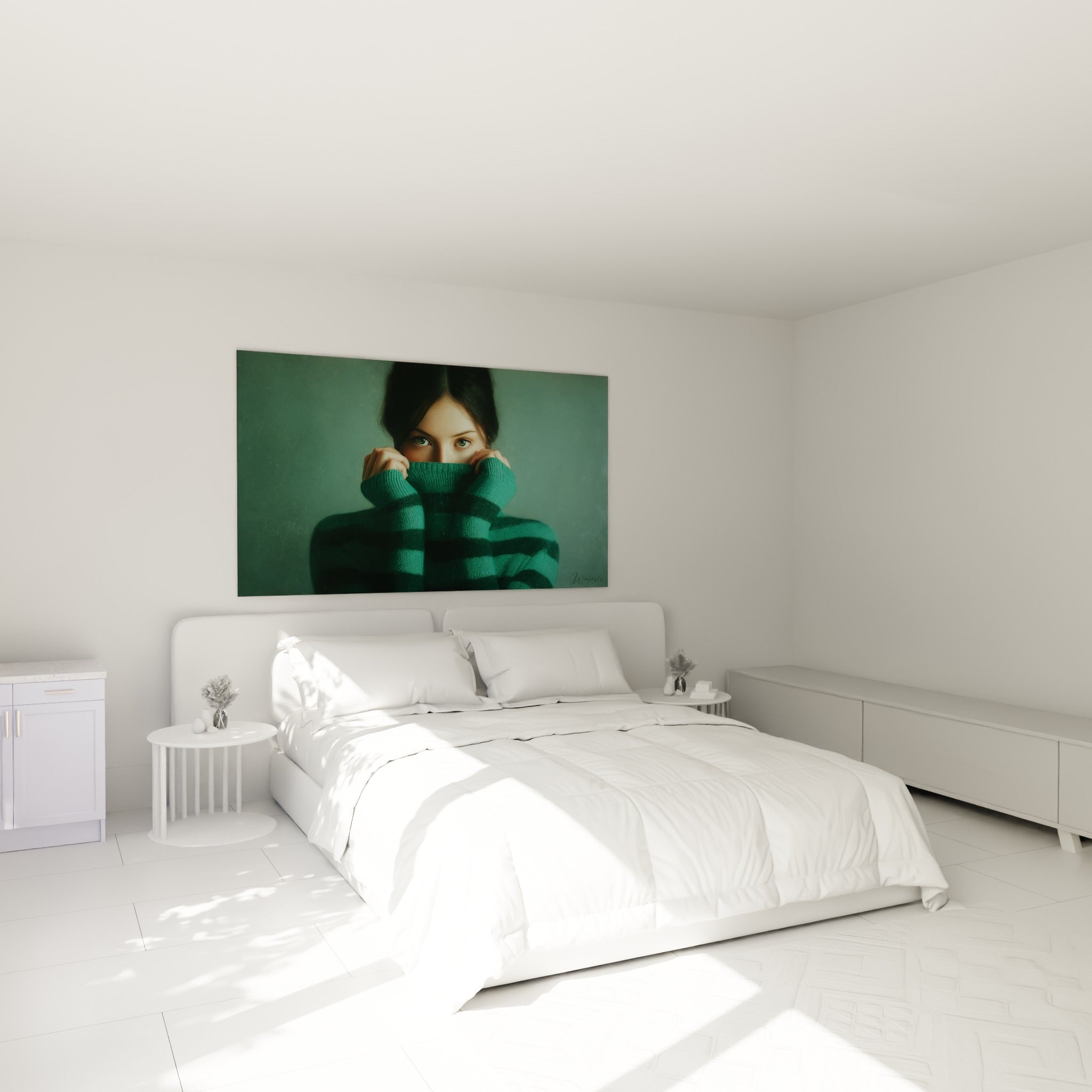 Visage partiellement voilé par un col vert émeraude et noir, tableau accroché au-dessus d'un lit dans une chambre claire