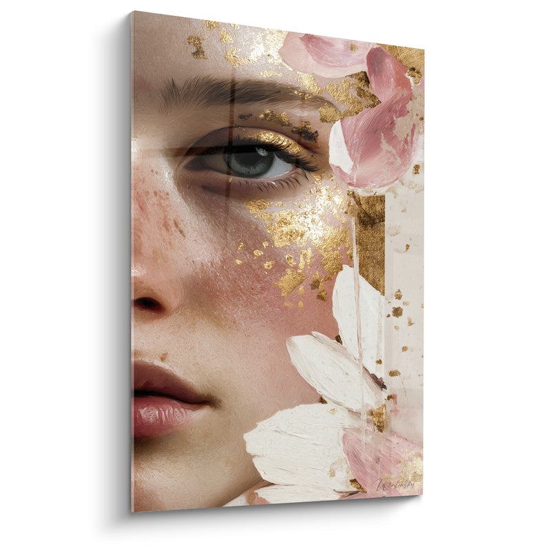 Tableau Visage doré aux pétales roses et blancs - Éclosion silencieuse - Edition Illustration de mode