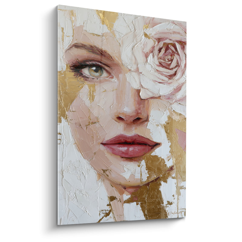 Tableau Visage doré et blanc à rose sur l'œil - Empâtements à la spatule - Edition Illustration de mode
