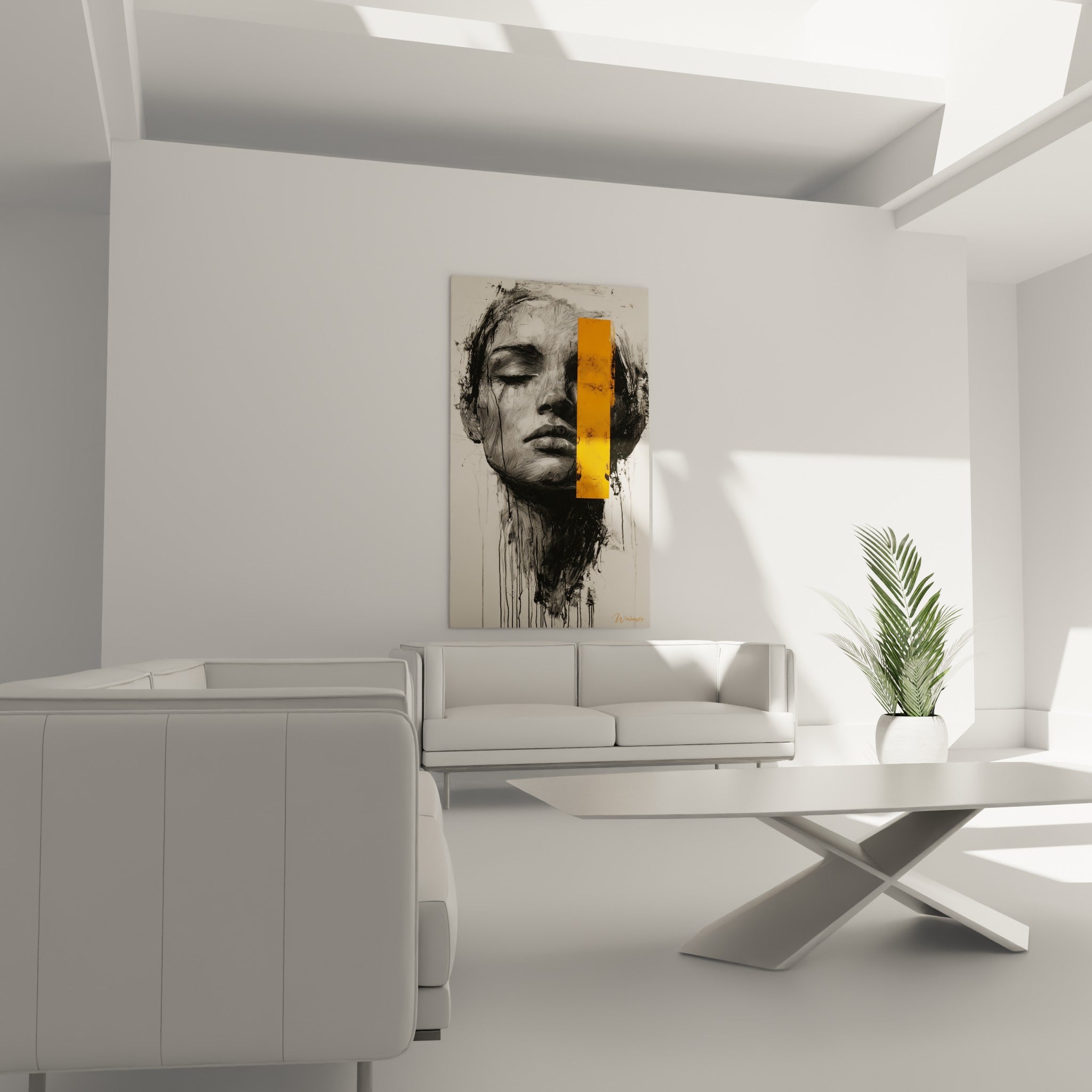 Visage aux traits crayonnés, contraste anthracite et orange vif, au-dessus d'un canapé dans un salon lumineux