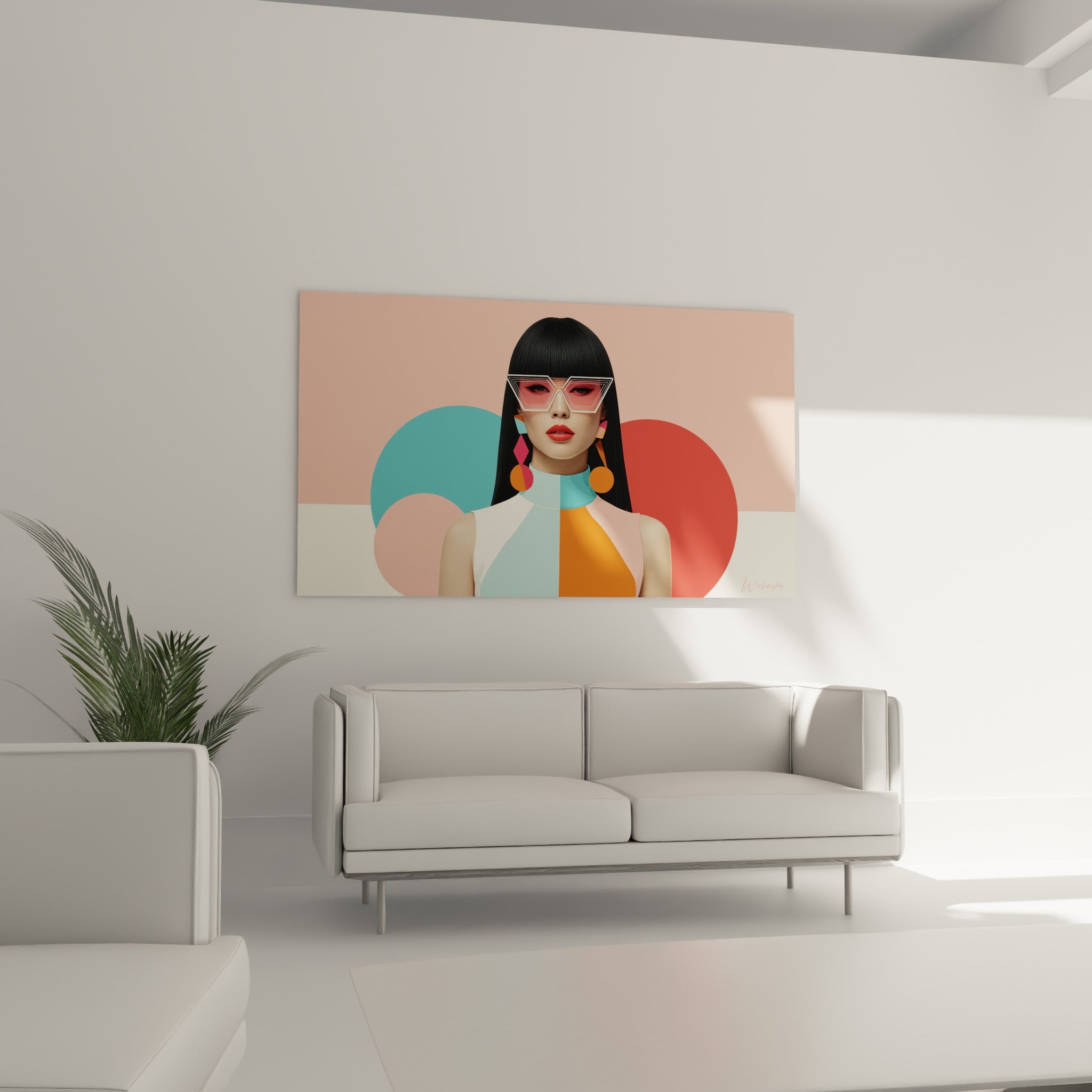 Visage géométrique orange et turquoise placé au-dessus d'un canapé dans un salon lumineux