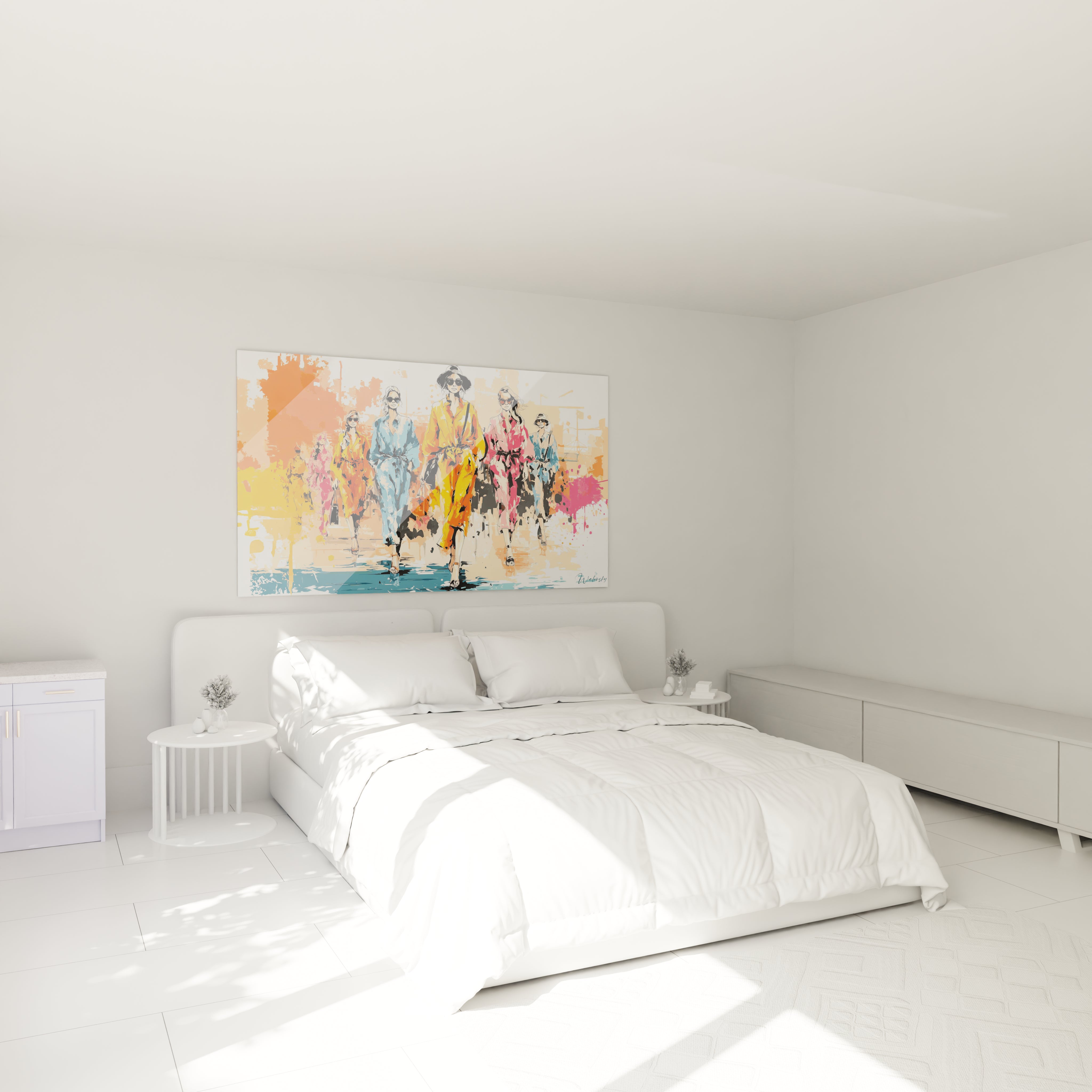 Tableau illustration mode de Walensky représentant des figures colorées dans une chambre moderne