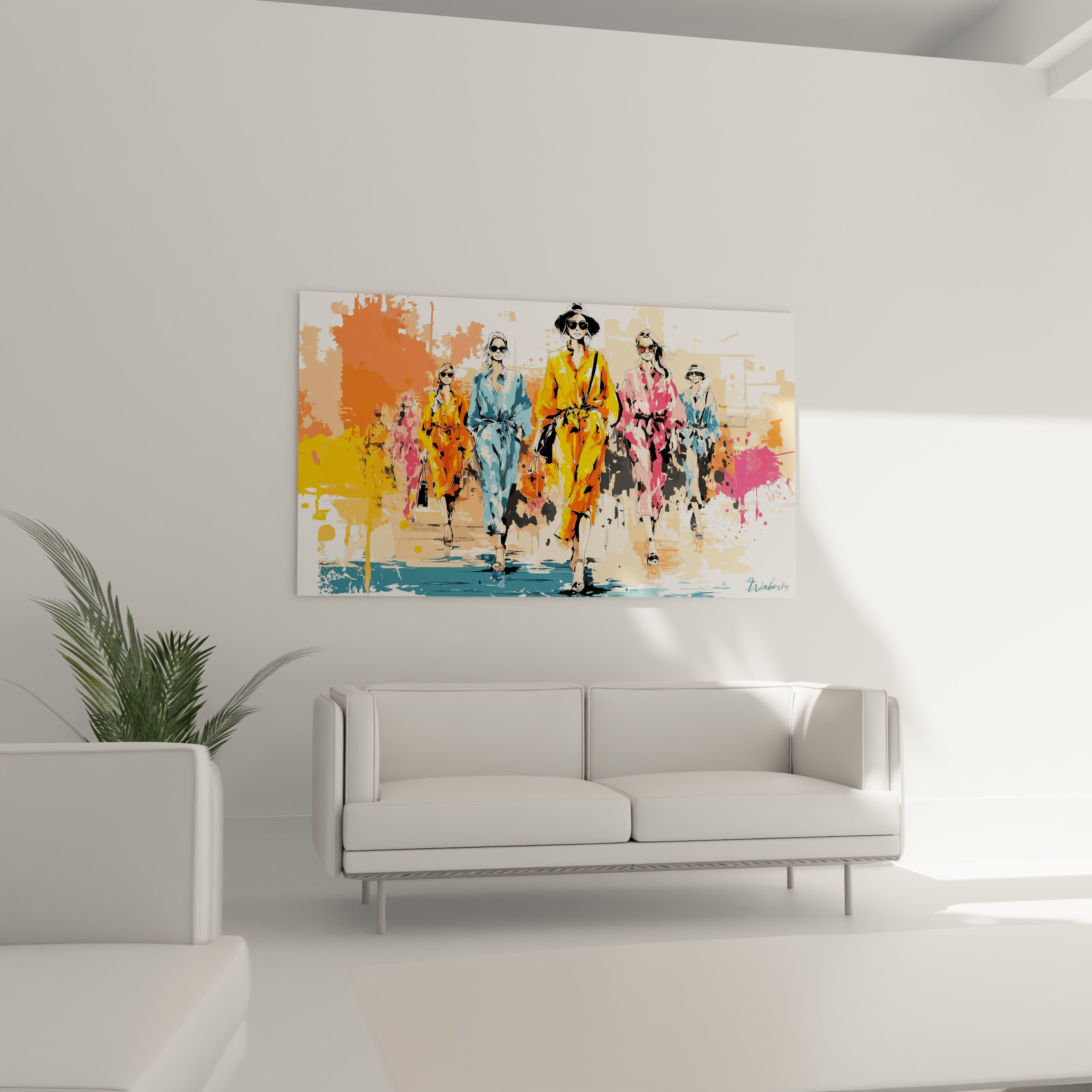 Tableau illustration mode par Walensky avec des silhouettes de mannequins colorés sur fond clair