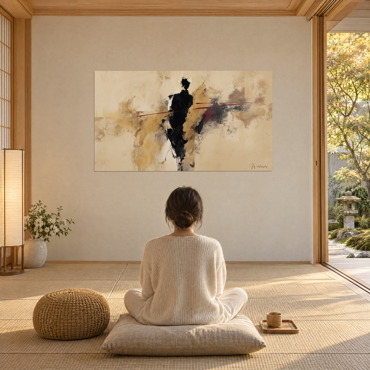 Wall art black striding silhouette, fine red lines on sand and matte gold areas, woman seen from behind sitting on a cushion in the living room