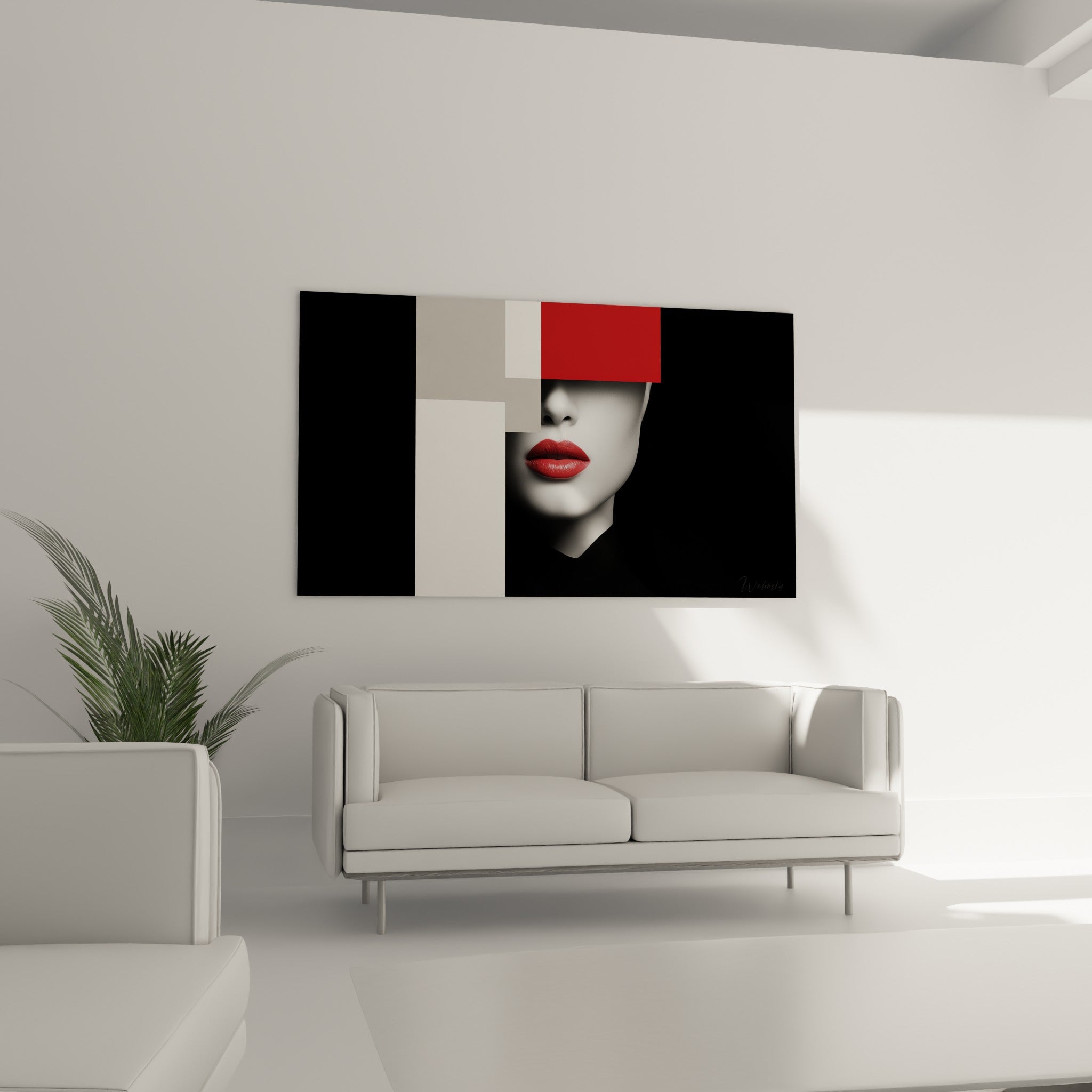 Portrait graphique rouge et noir aux lèvres marquées au-dessus d'un canapé dans un salon lumineux