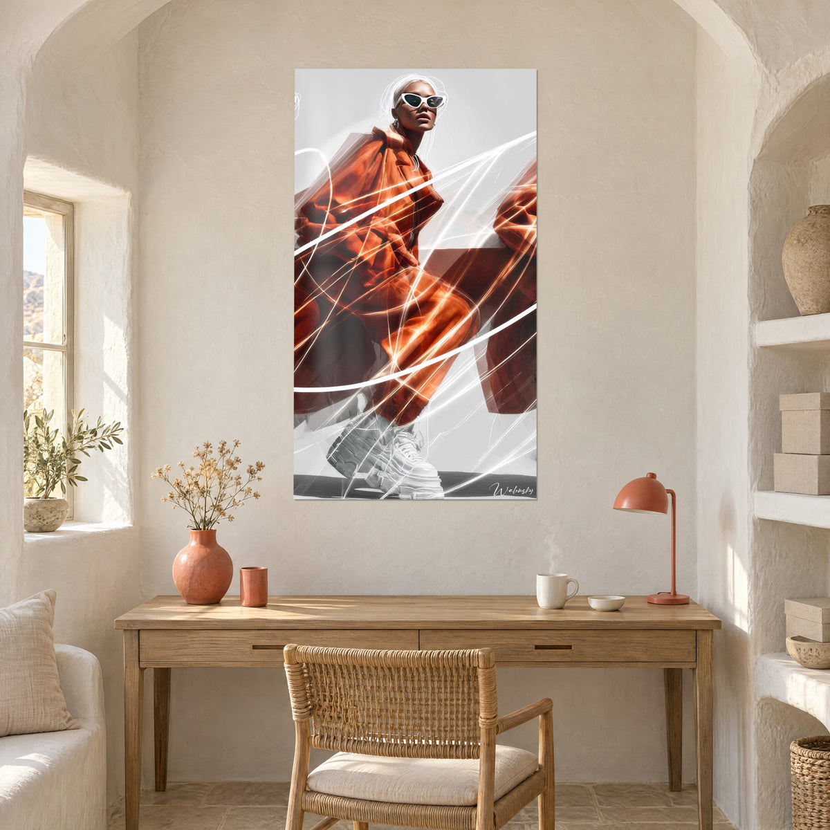 Cuadro elegancia urbana, abrigo naranja y gris perla, haces de luz blancos, sobre un escritorio de madera clara