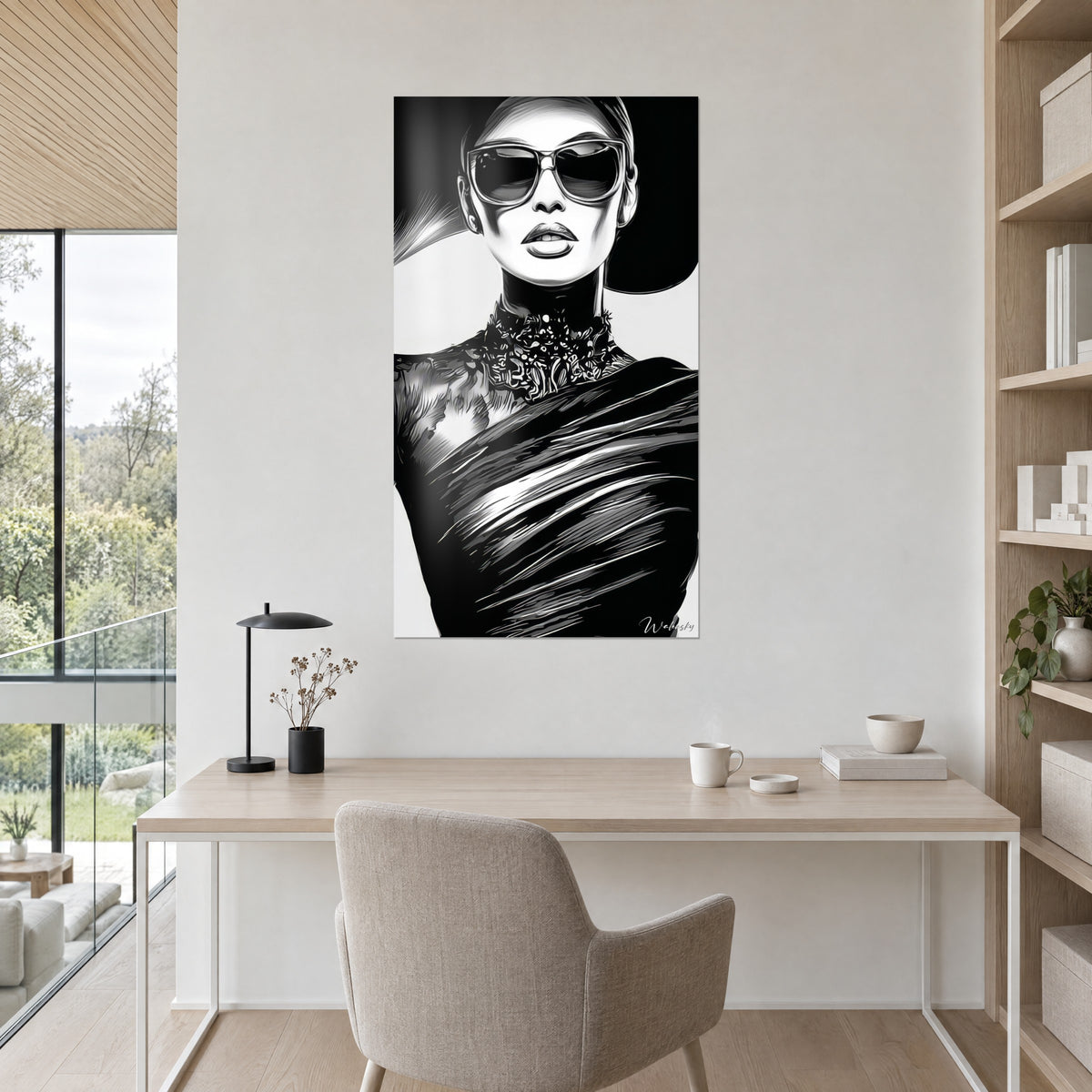 Cuadro de ilustración de elegante con gafas tintadas y cuello de encaje, drapeado gris plateado, pared blanca, escritorio de madera clara