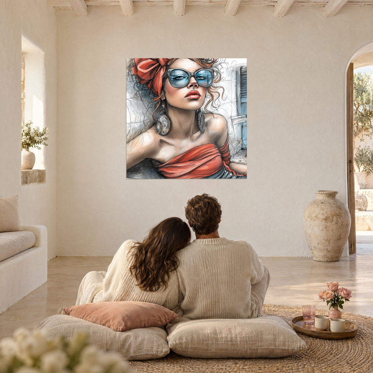 Cuadro ilustración de moda de una elegante pelirroja, lazo escarlata y gafas azules, sala abovedada blanca, pareja sentada en el suelo