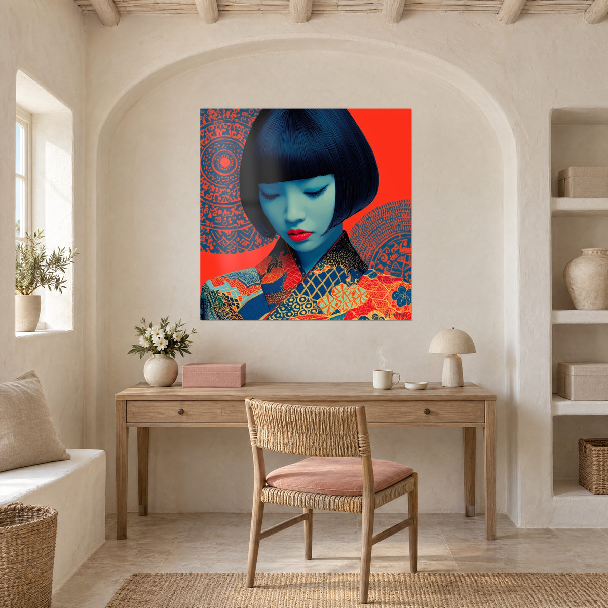 Wall art stylized portrait, carmine lips and diamond-patterned kimono in blue, orange and gold, cream wall of an arched alcove office