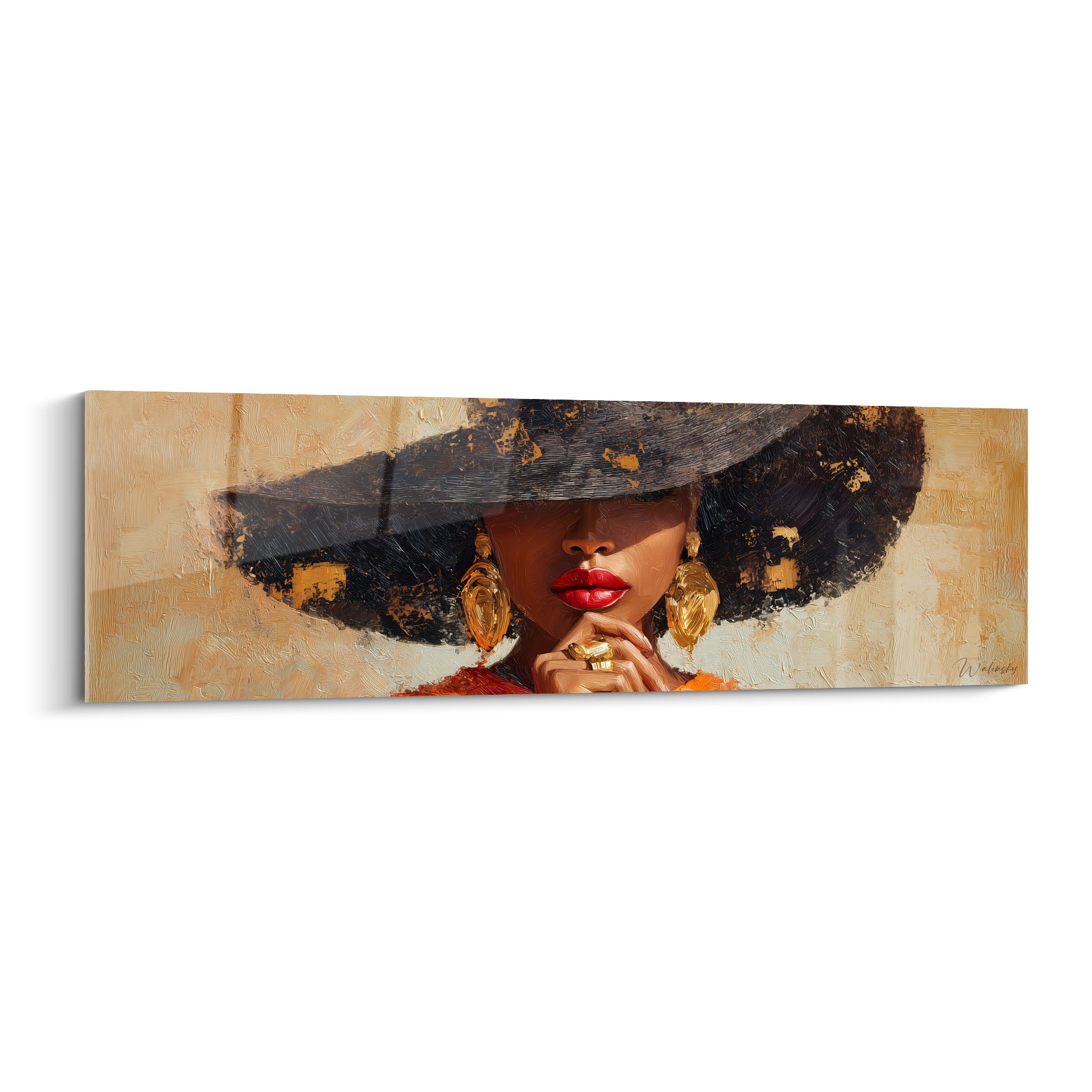 Illustration de mode d'une femme au chapeau noir tacheté d'or et lèvres rouges intenses