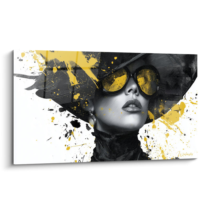 Tableau Femme au chapeau noir et jaune éclaboussé - Allure affirmée - Edition Illustration de mode