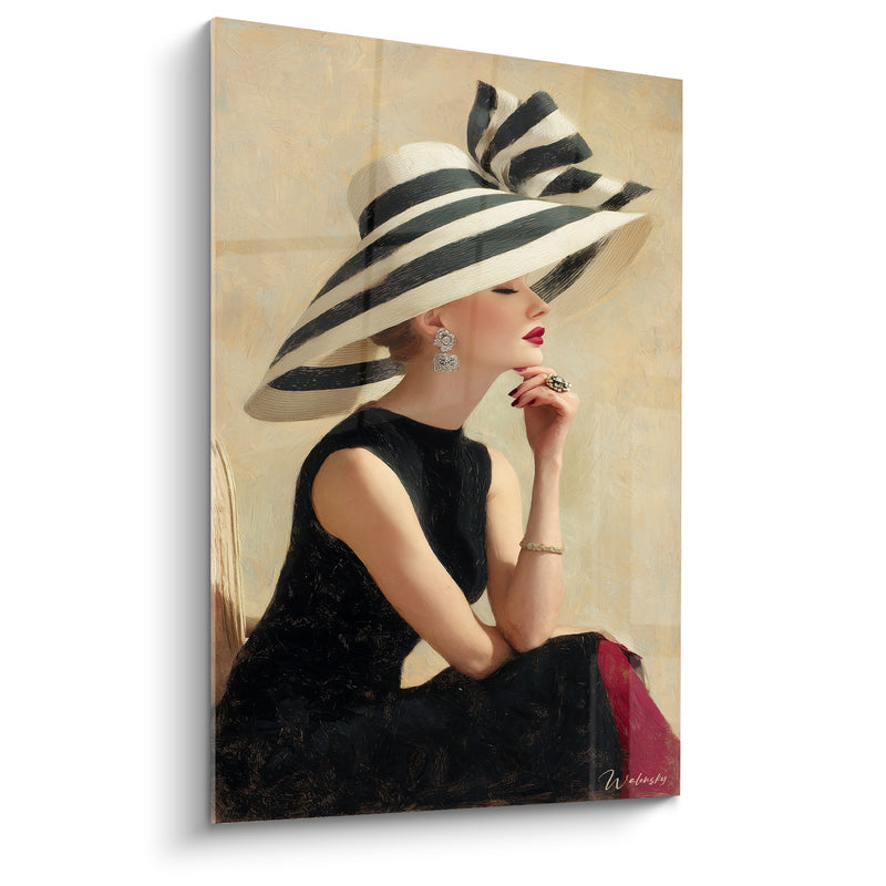 Tableau Élégante chapeau rayé noir et blanc - Rêverie raffinée - Edition Illustration de mode