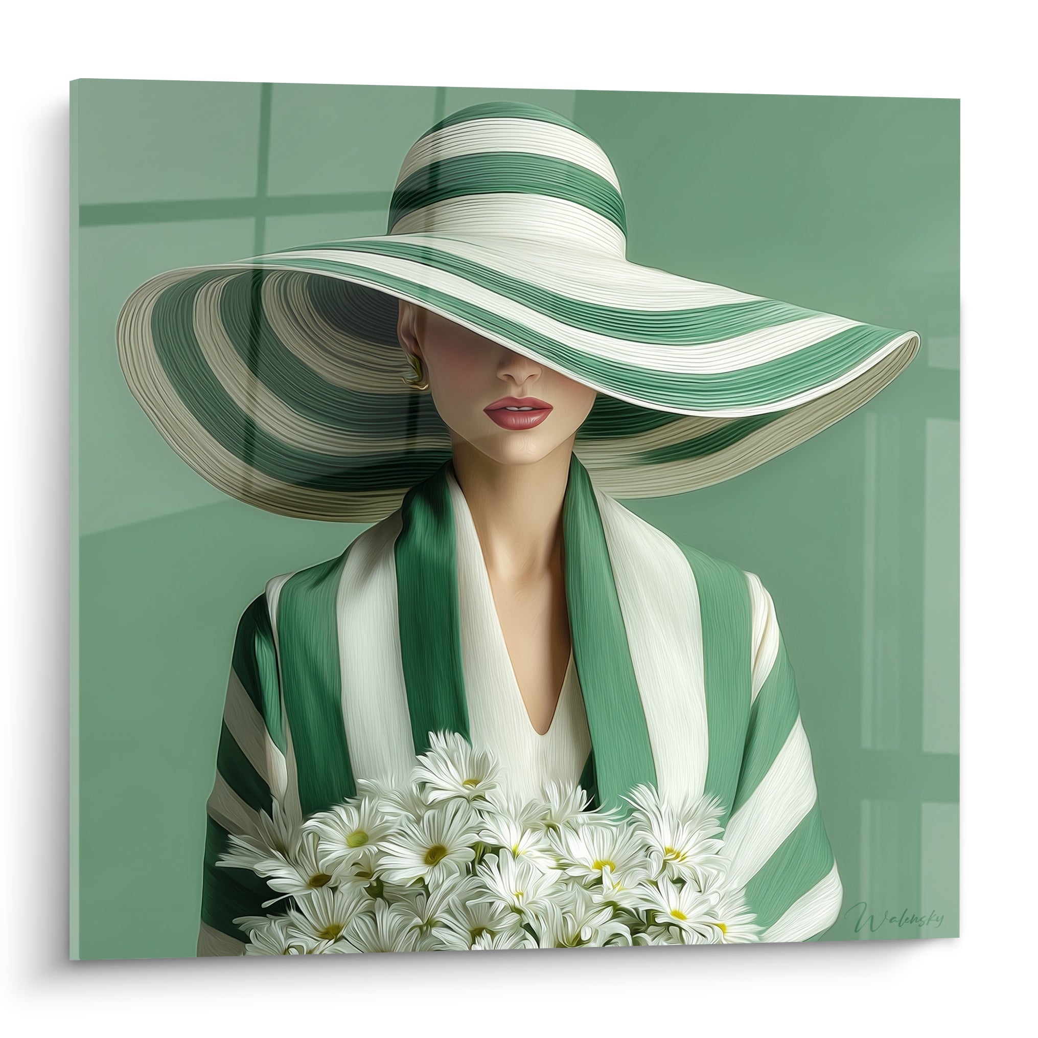Silhouette au chapeau rayé vert et blanc démesuré, lèvres roses, bouquet de marguerites, fond vert sauge