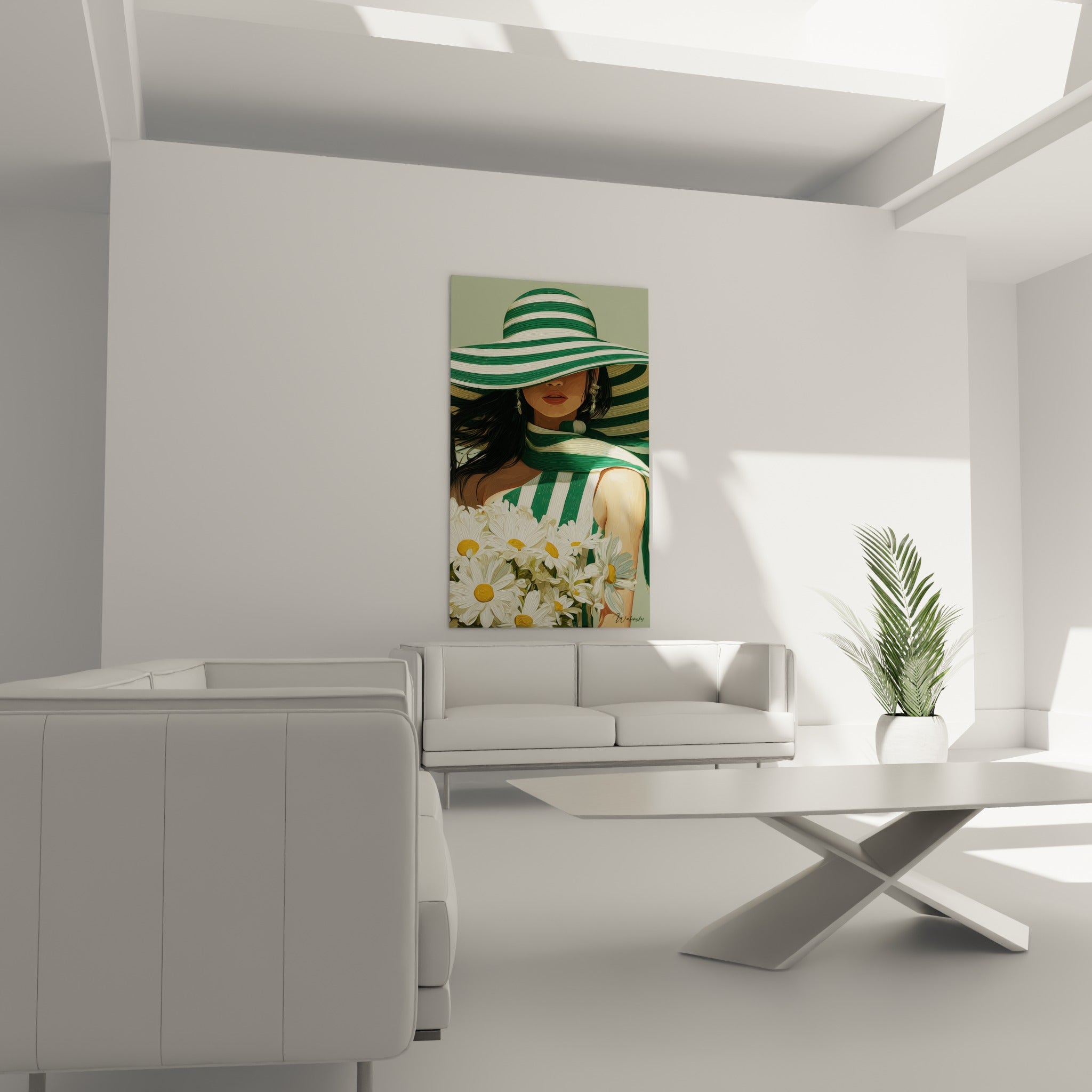 Foulard vert et cheveux noirs voletants, illustration de mode au-dessus d'un canapé dans un salon lumineux