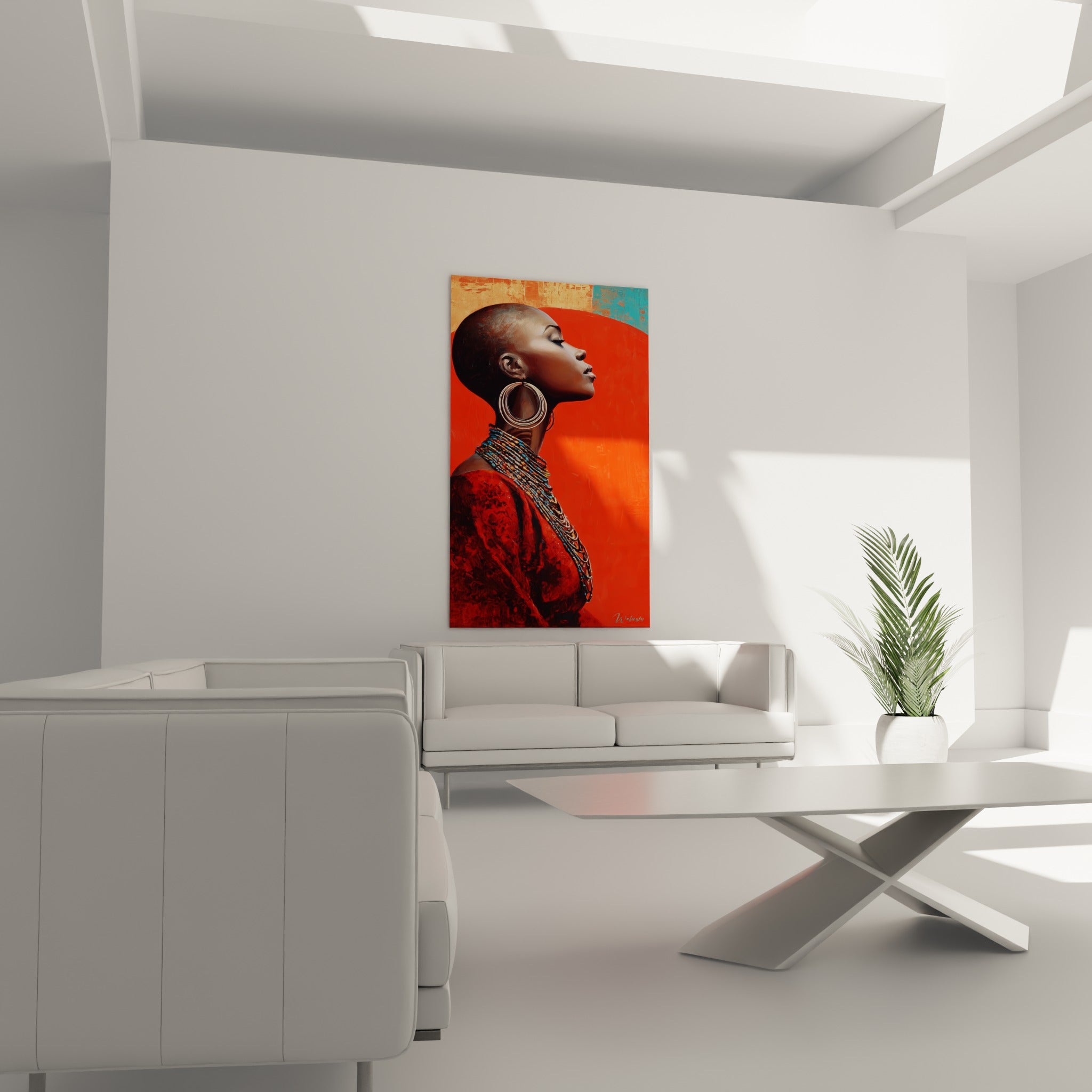 Visage de profil sur fond turquoise et orange, collier perlé bleu, au-dessus d'un canapé dans un salon lumineux