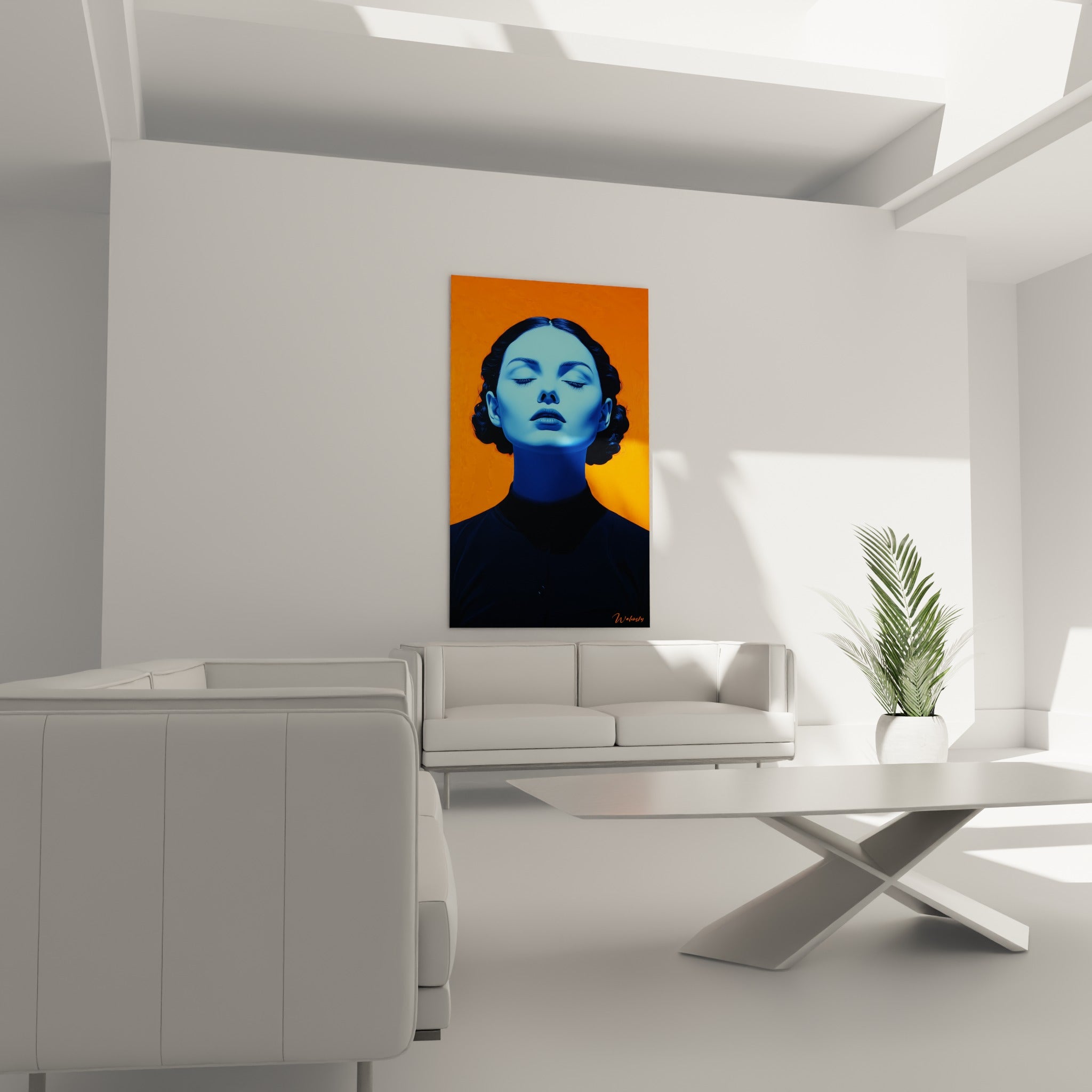 Visage bleu et orange aux yeux fermés placé au-dessus d'un canapé dans un salon lumineux