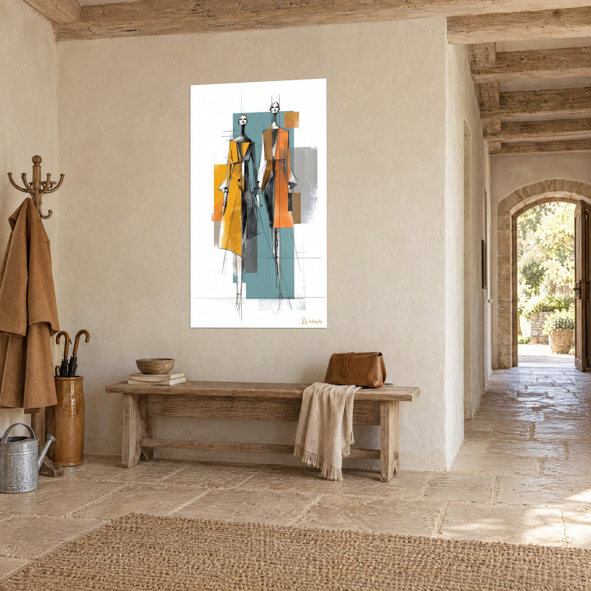 Tableau illustration de mode de deux élégantes au trait noir, manteau jaune moutarde et orange sur fond bleu canard, entrée en pierre