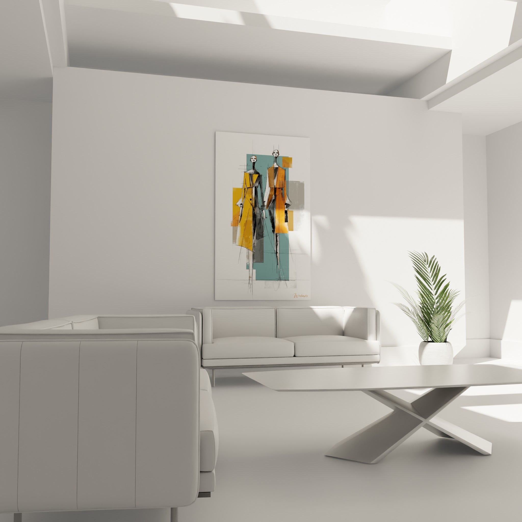 Illustration de mode aux traits noirs et blocs ocre, au-dessus d'un canapé dans un salon lumineux