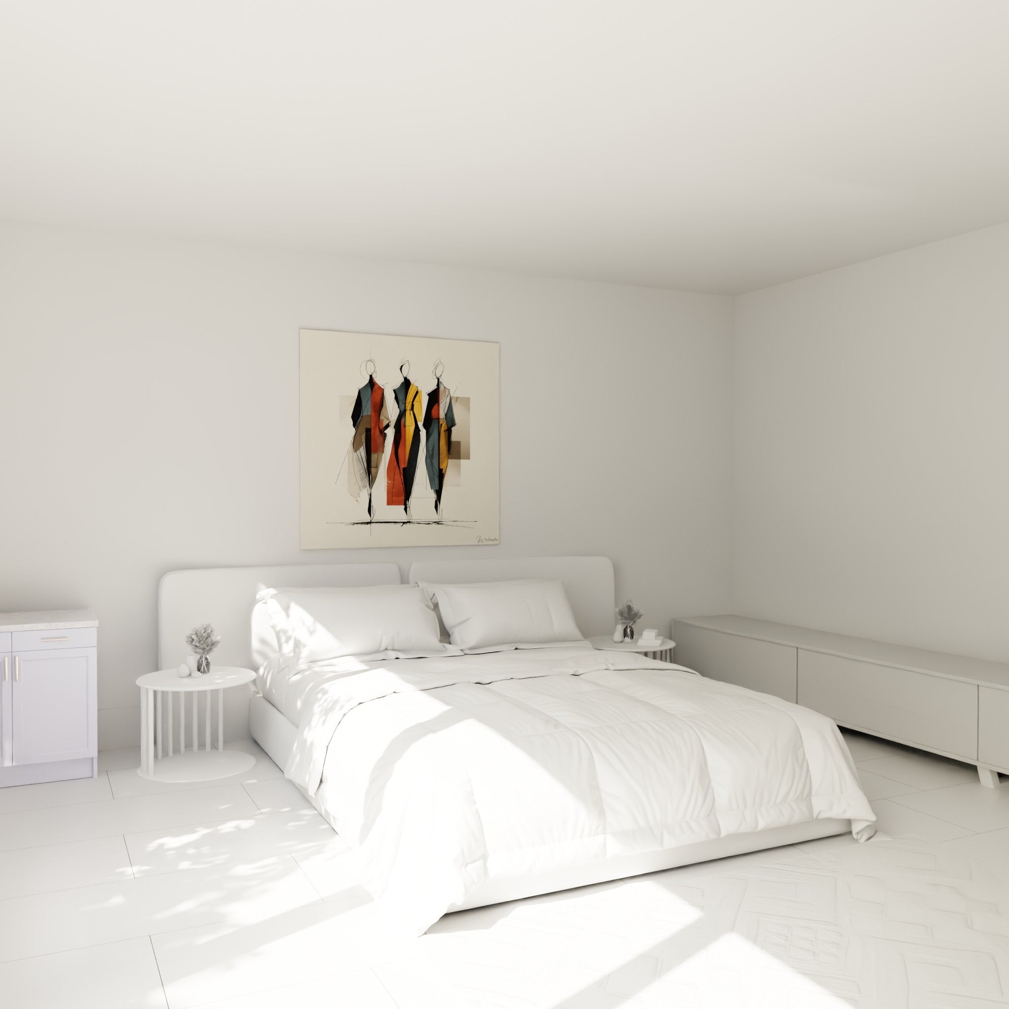 Silhouettes de mode terracotta et ocre disposées au-dessus d'un lit dans une chambre claire