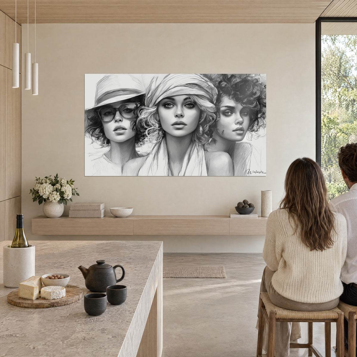 Cuadro de ilustración de moda en blanco y negro, tres rostros de labios carnosos, sombrero, pañuelo, rizos, cocina abierta, dos personas de espaldas