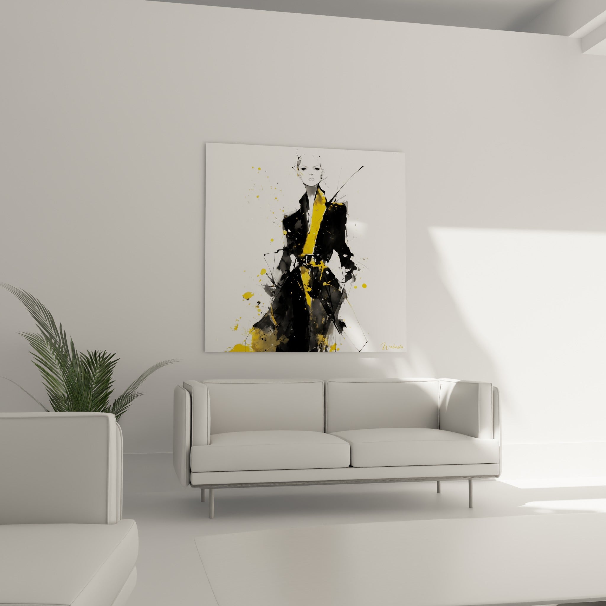 Portrait de mode gestuel en noir intense et jaune vif, accroché au-dessus d'un canapé dans un salon lumineux