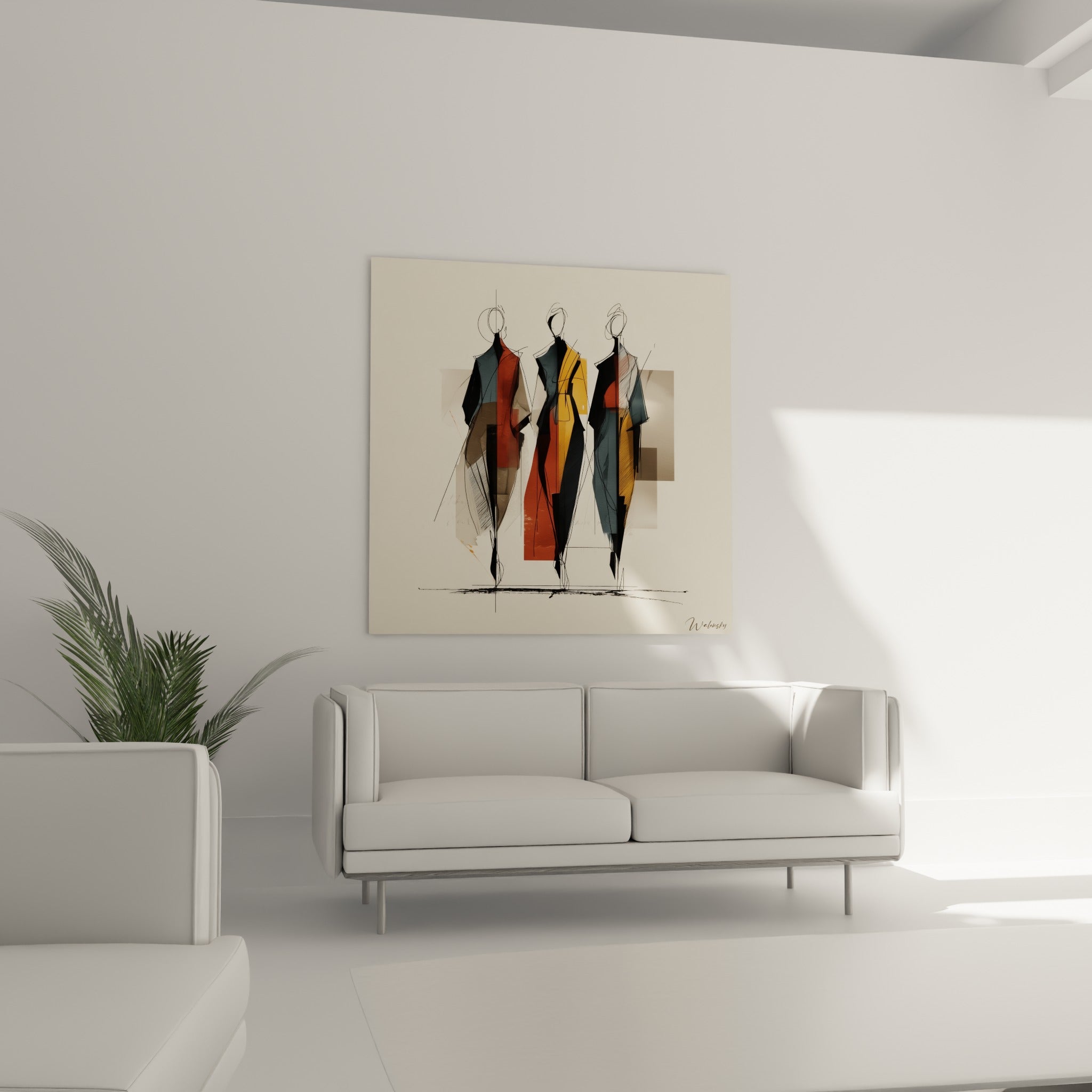 Figures stylisées bleu ardoise et ocre accrochées au-dessus d'un canapé dans un salon lumineux
