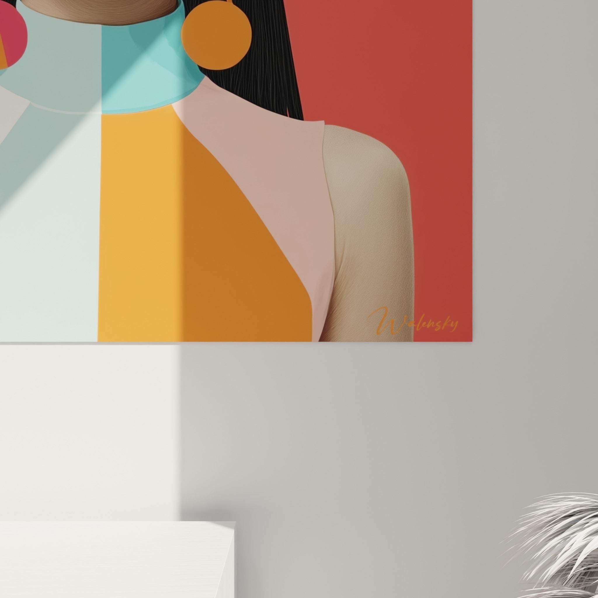 Détail des aplats turquoise et orange révélant la texture nette de l'impression graphique