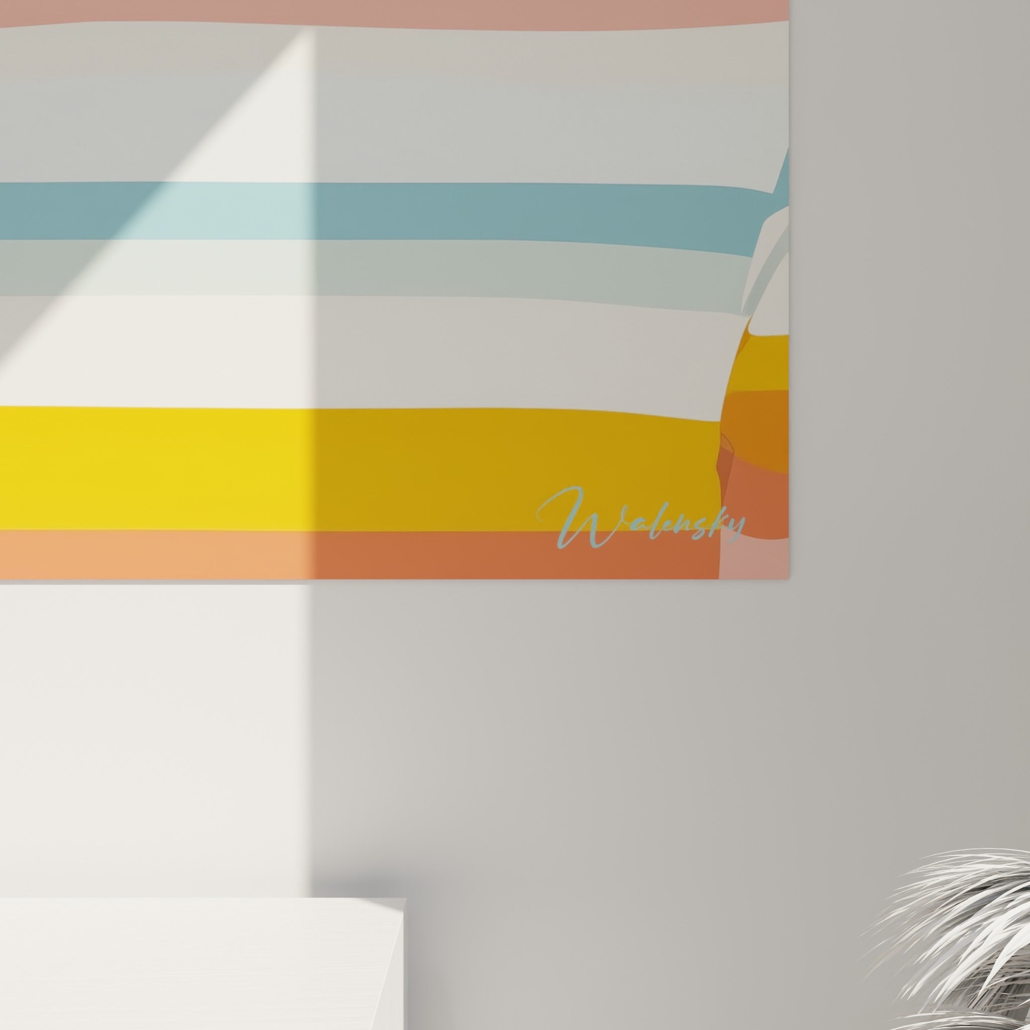 Détail des rayures orange, jaune et bleues du pull et du grain pictural de la chevelure rousse peinte