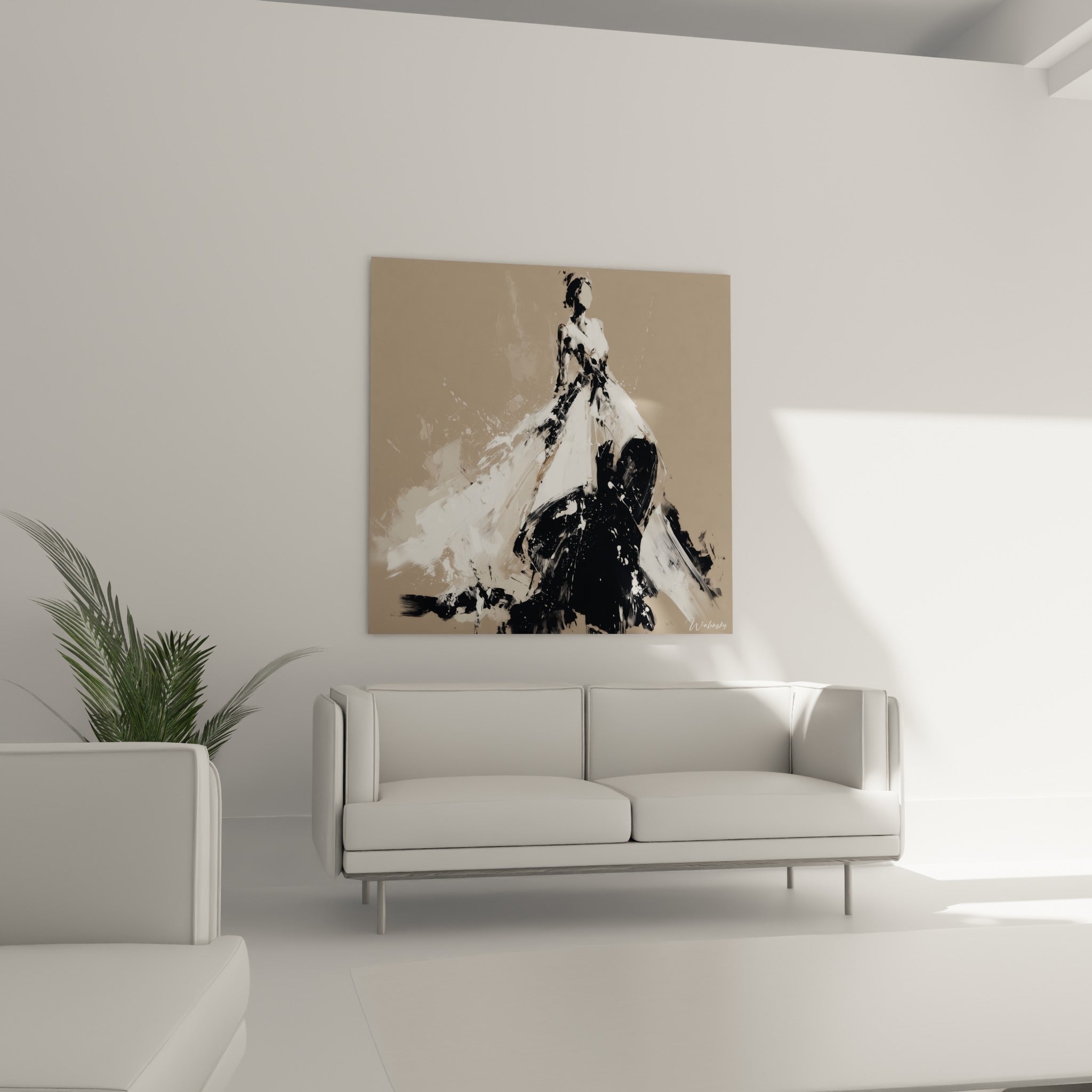 Figure élégante en blanc et noir de cette illustration de mode, au-dessus d'un canapé dans un salon lumineux