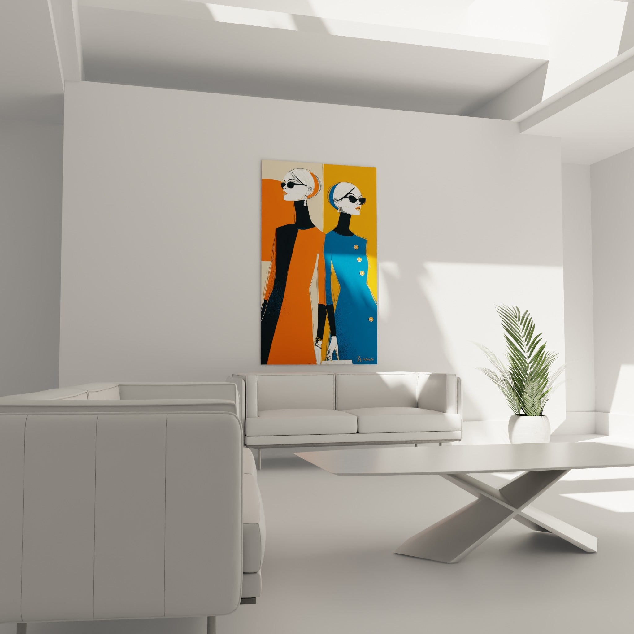 Femmes stylisées en orange vif et bleu profond suspendues au-dessus d'un canapé dans un salon lumineux