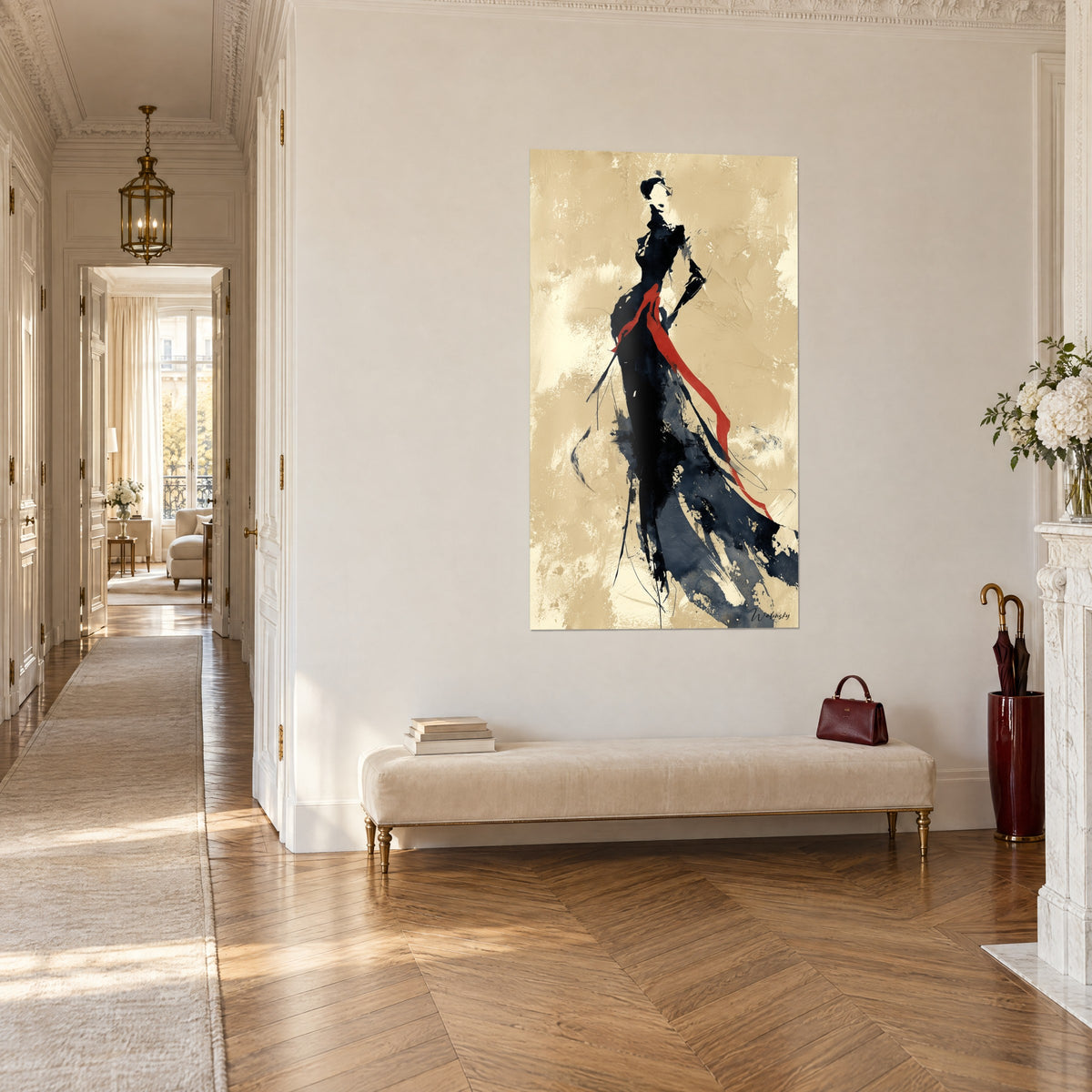 Tableau mannequin élancée aux traînées d'encre bleu nuit et ruban écarlate, couloir haussmannien et banquette beige