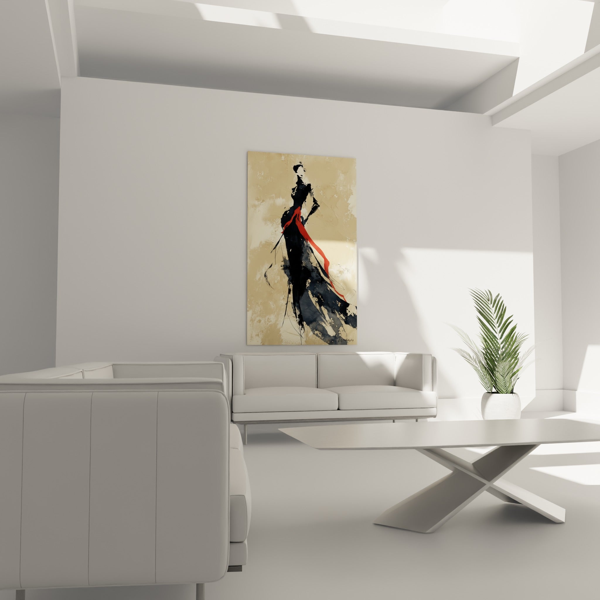 Élégante silhouette dorée et noire à l'écharpe écarlate, illustration de mode au-dessus d'un canapé dans un salon lumineux