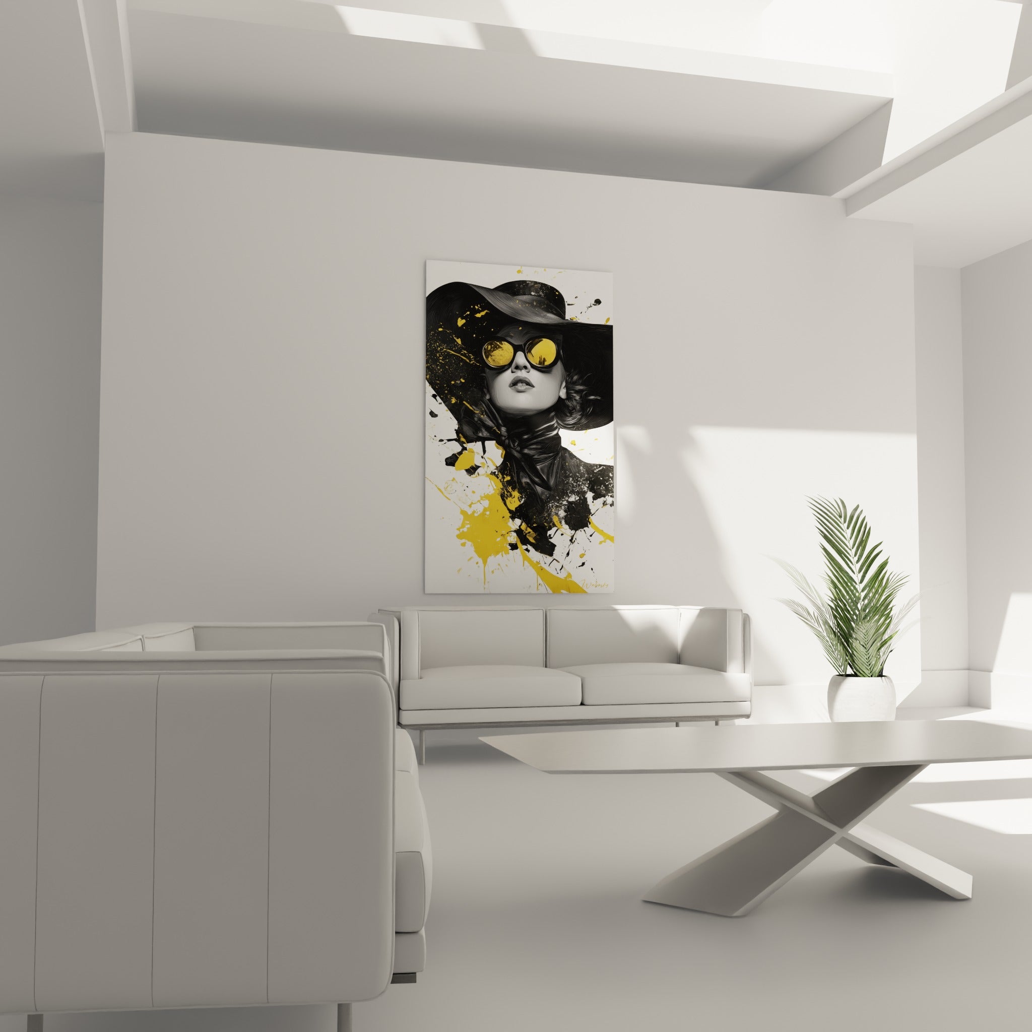 Silhouette élégante aux lunettes ambrées et éclats de peinture noire, au-dessus d'un canapé dans un salon lumineux